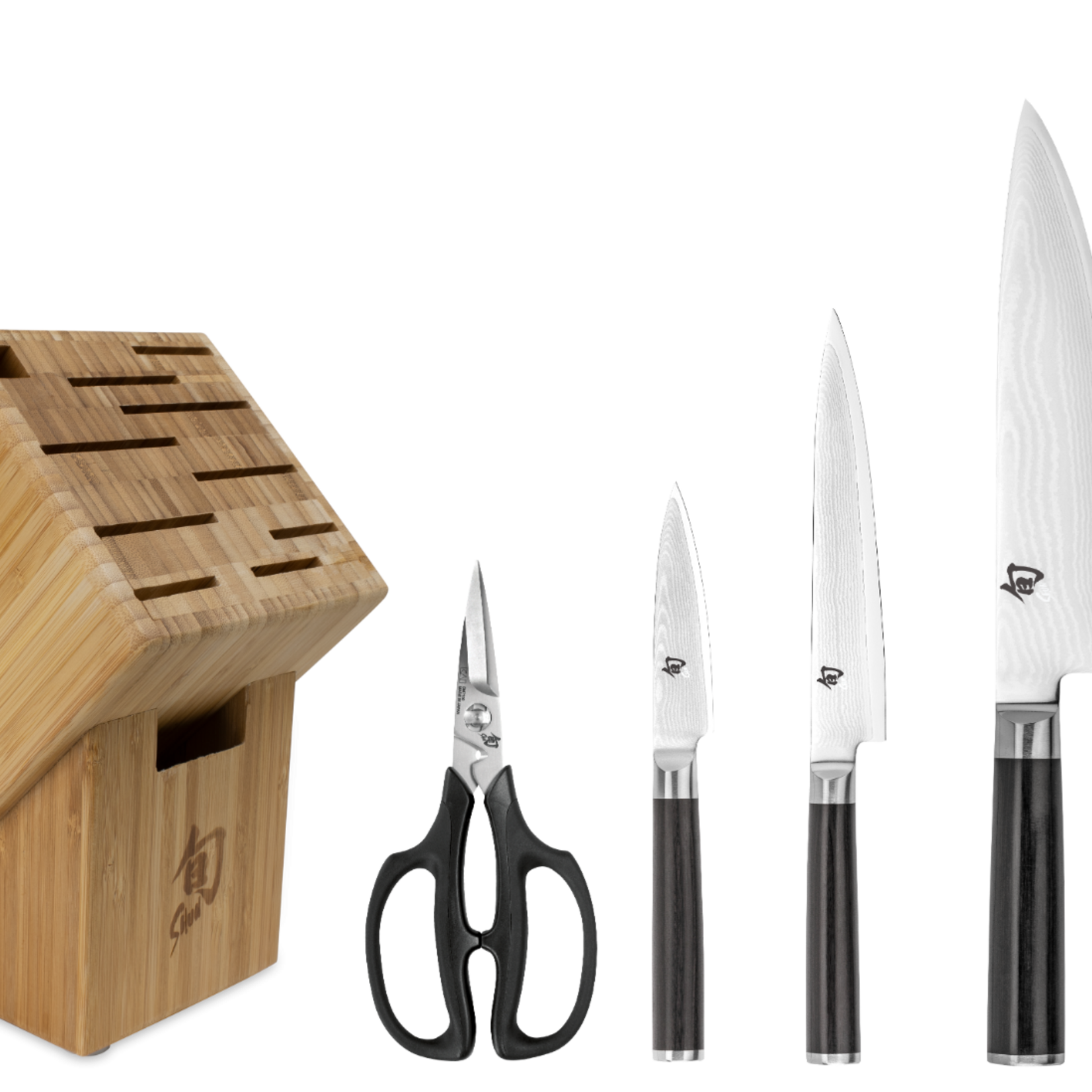 Shun Classic 7 Pc Essential Block Set: Paring 3.5", Utility 6", Chef 8", Bread 9", Combination Honing Steel, Herb Shears and 11-Slot Bamboo Block.