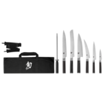 Shun Classic 8 Pc Student Set: Paring 3.5", Utility 6", Chef's 8", Bread 9", H.G. Slicing 9", Boning/Fillet 6", Combination Honing Steel and Shun Knife Roll 8-Slot (DM0880).