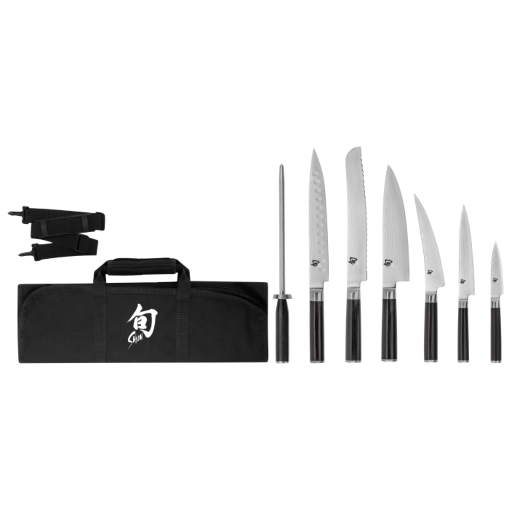 Shun Classic 8 Pc Student Set: Paring 3.5", Utility 6", Chef's 8", Bread 9", H.G. Slicing 9", Boning/Fillet 6", Combination Honing Steel and Shun Knife Roll 8-Slot (DM0880).