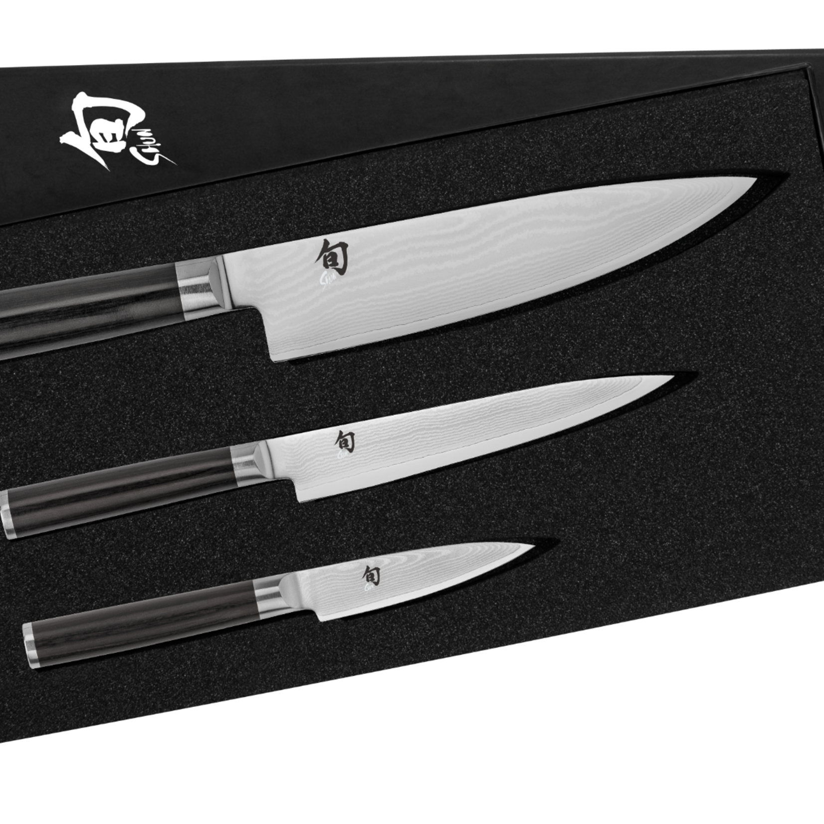 Shun Classic 3 Pc Starter Set: Paring 3.5", Utility 6", Chef's 8", in a boxed set.