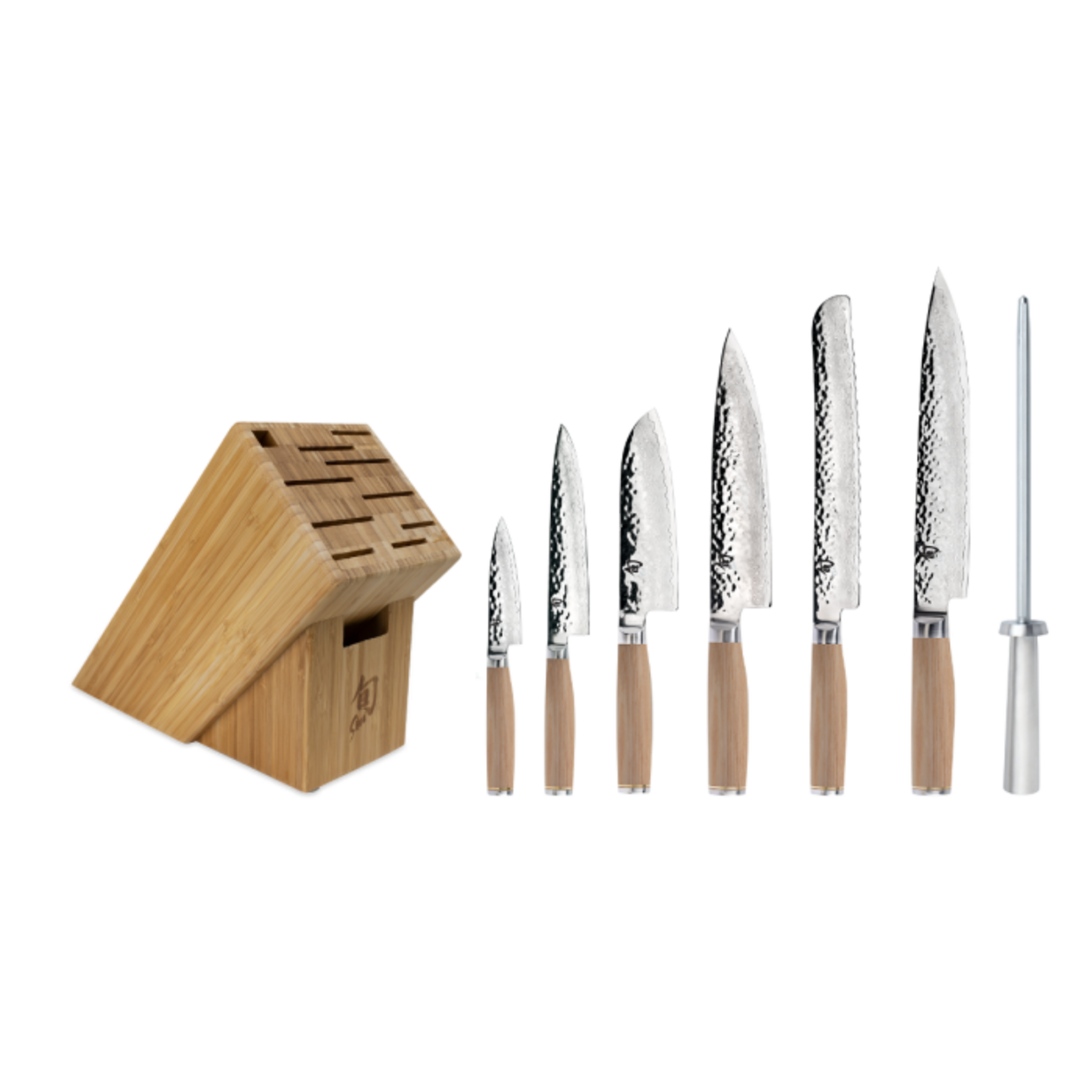 Shun Premier Blonde 8 Pc Professional Block Set: Paring 4", Santoku 5.5", Utility 6.5", Chef's 8", Bread 9", Slicing 9.5", Combination Honing Steel and 11-Slot Bamboo Block.