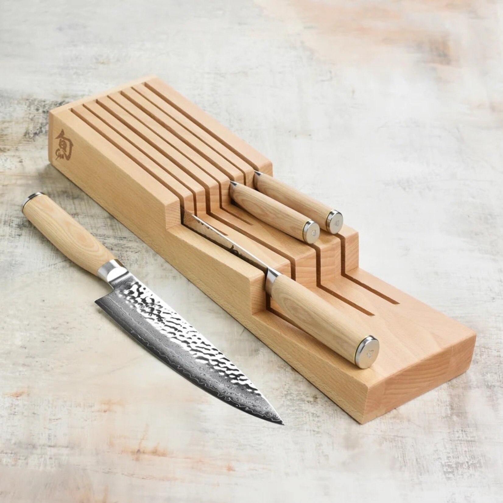 Shun Premier Blonde 5 Pc In-Drawer Set: Paring 4", Utility 6.5", Chef's 8", Bread 9"and 7-Slot In-Drawer Tray.