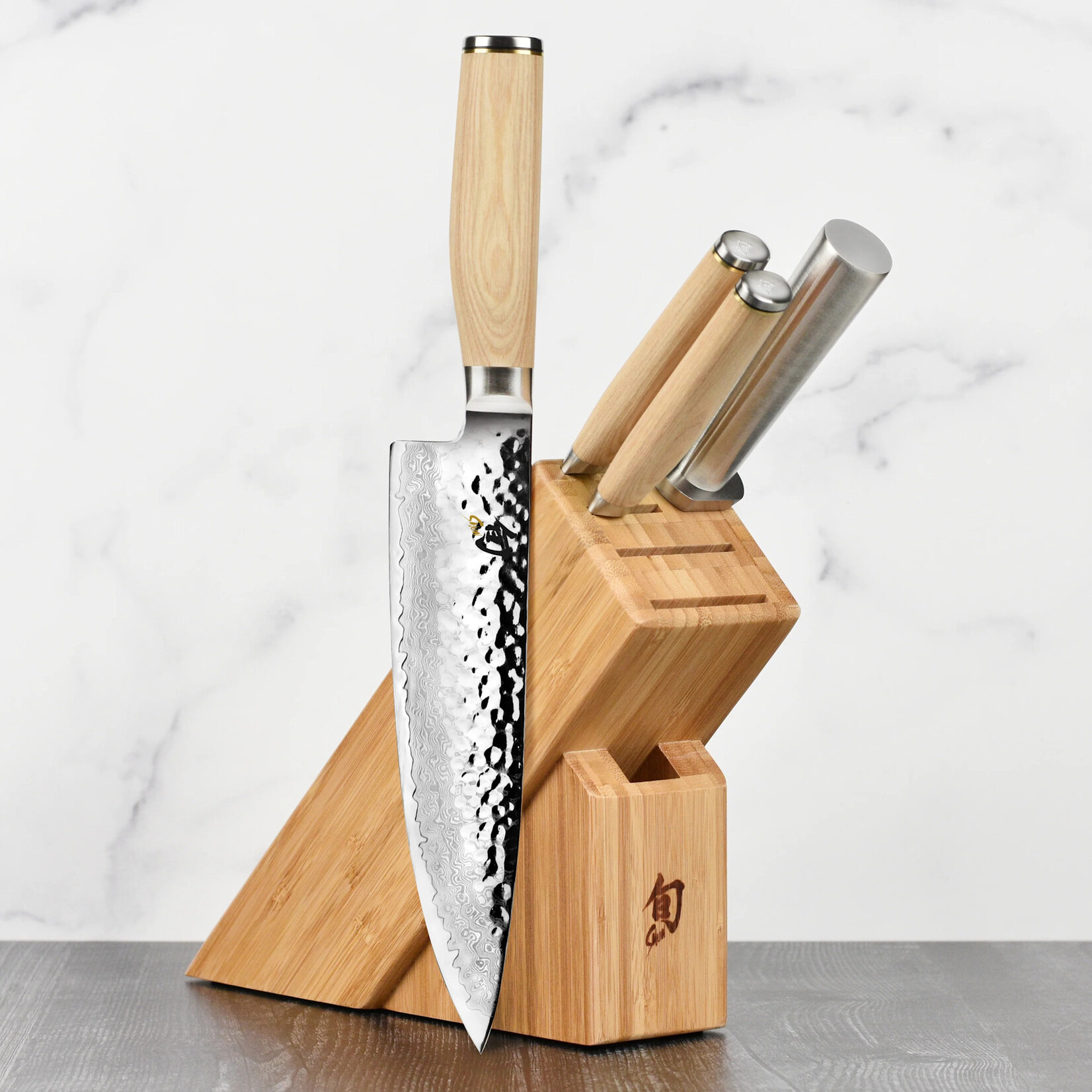 Shun Premier Blonde 5 Pc Starter Set: Paring 4", Utility 6.5", Chef's 8", Satin Steel Combination Honing Steel, 6-Slot Slimline Block (DM0845)