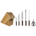 Shun Premier 7 Pc Essential Block Set: Paring 4", Utility 6.5", Chef's 8", Bread 9", Combination Honing Steel, Herb Shears and 11-Slot Bamboo Block.