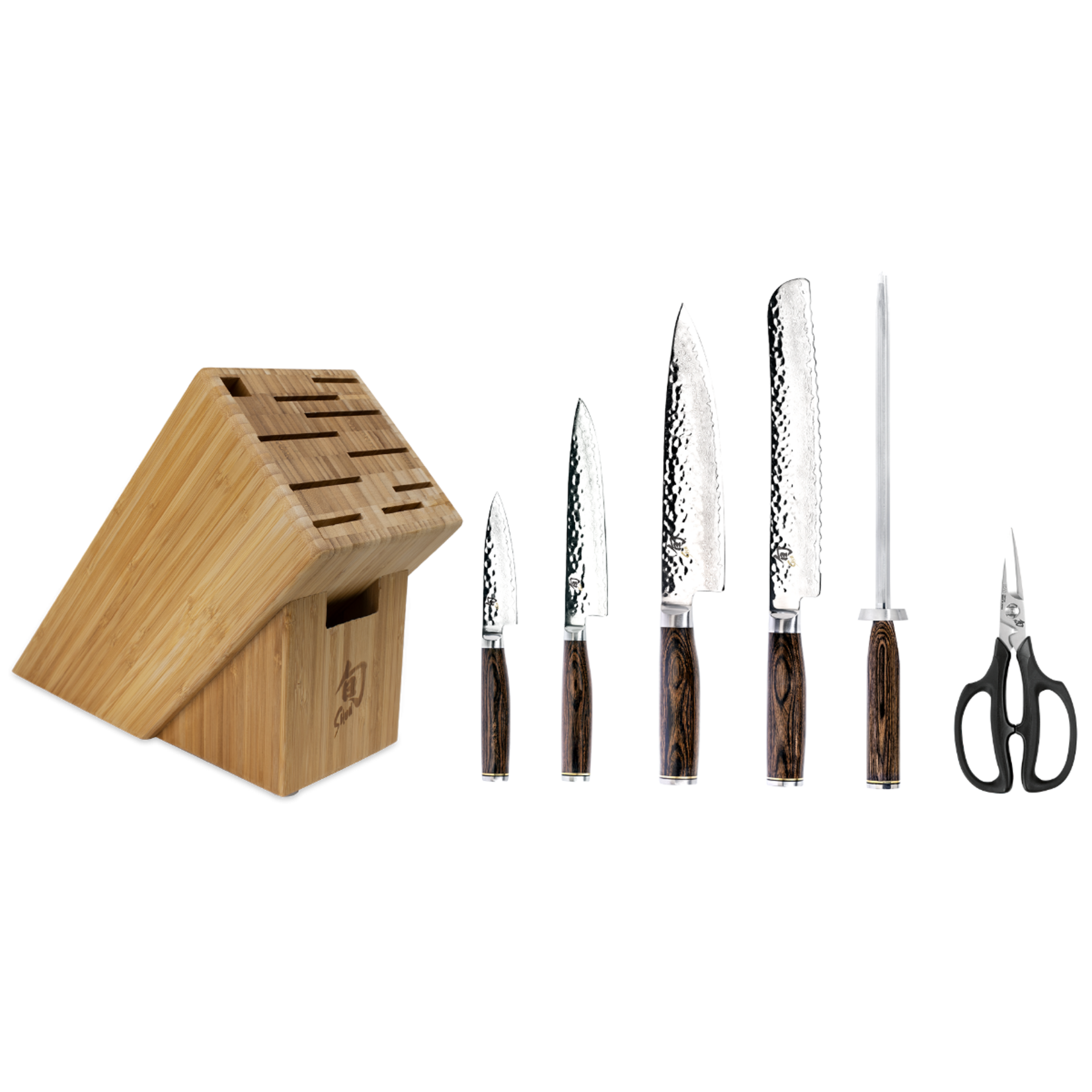 Shun Premier 7 Pc Essential Block Set: Paring 4", Utility 6.5", Chef's 8", Bread 9", Combination Honing Steel, Herb Shears and 11-Slot Bamboo Block.
