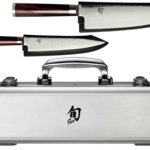 Shun Kohen Anniversary 2 Pc Set:Utility 6" w/Leather Sheath, Chef's 8" w/Leather Sheath, Foam-lined metal case with handle