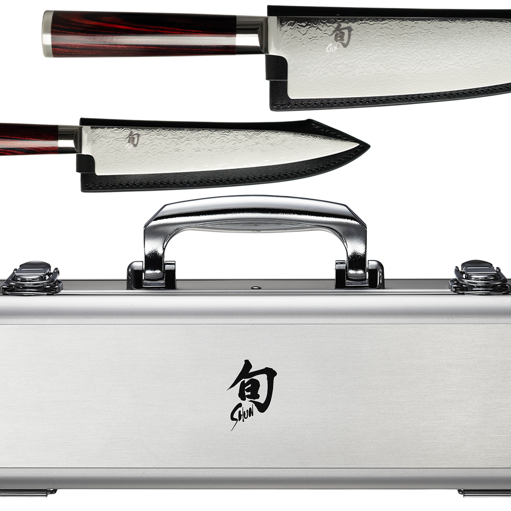 Shun Kohen Anniversary 2 Pc Set:Utility 6" w/Leather Sheath, Chef's 8" w/Leather Sheath, Foam-lined metal case with handle