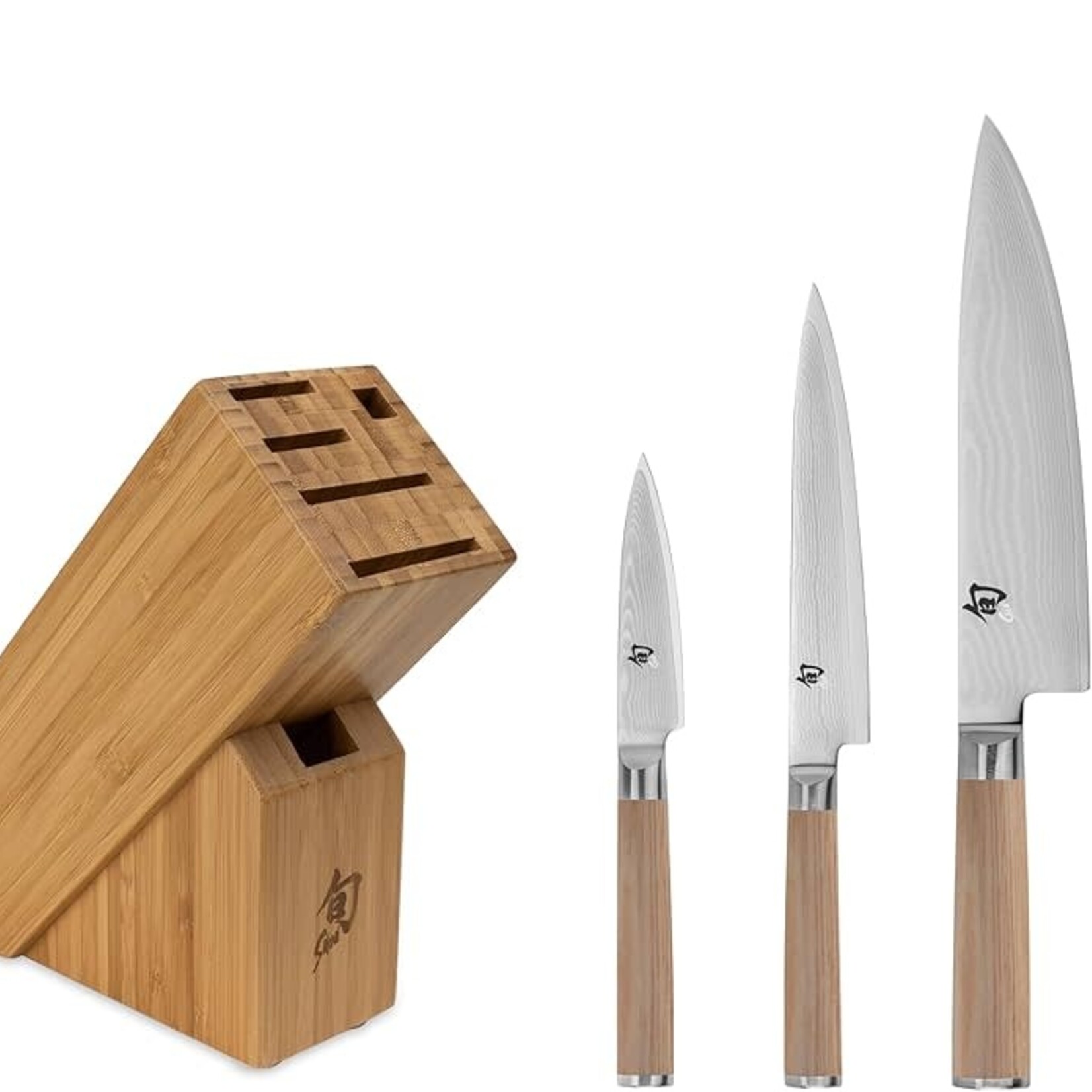 Shun Classic Blonde 5 Pc Starter Block Set: Paring 3.5", Utility 6", Chef's 8", Satin Steel Honing Steel and 6-Slot Slimline Bamboo Block (DM0845).