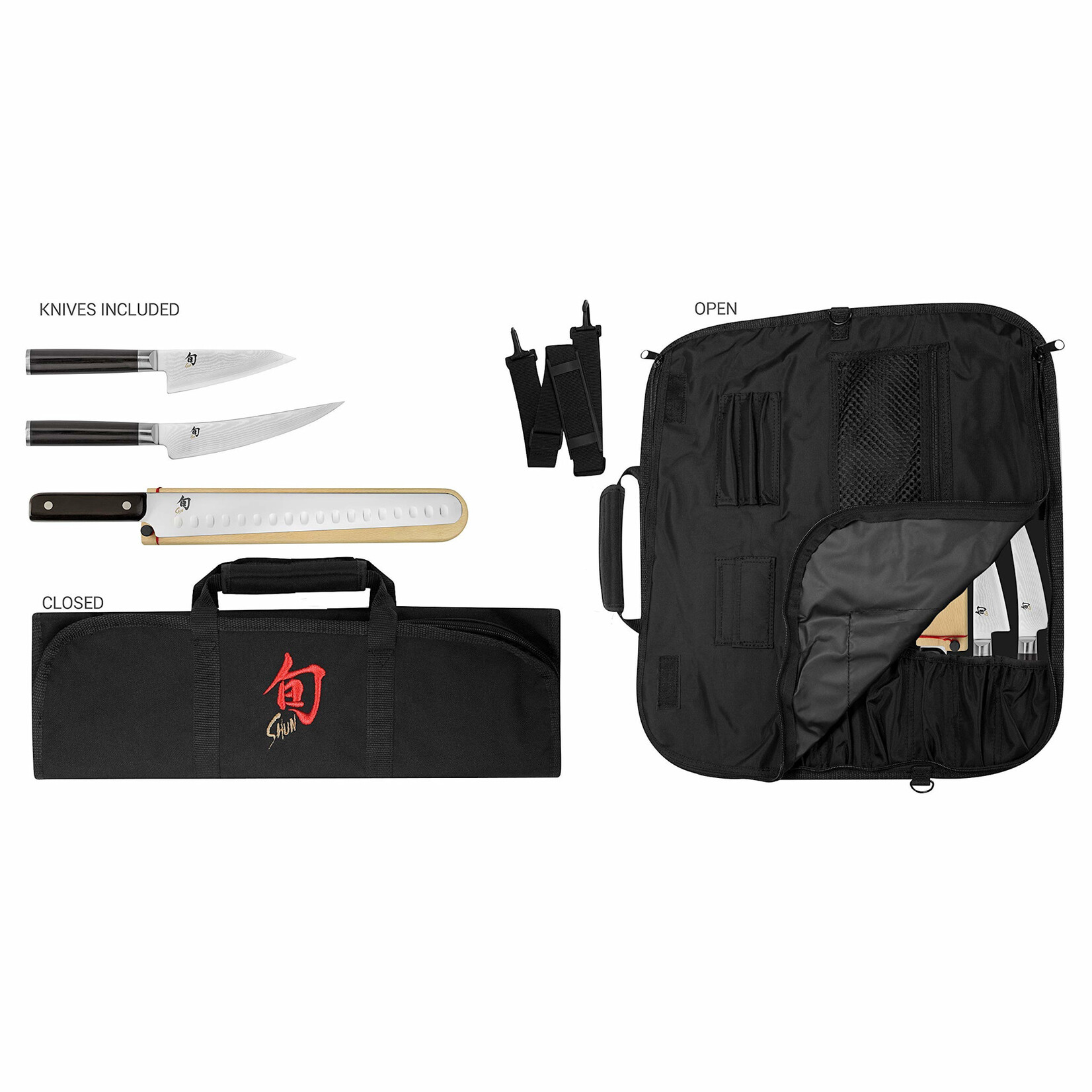 Shun Classic 4 Pc BBQ Set: Asian Multi-Prep 4.5", Boning/Fillet 6", HG Brisket 12" w/ Saya, Shun 8-Slot Knife Roll (DM0880).