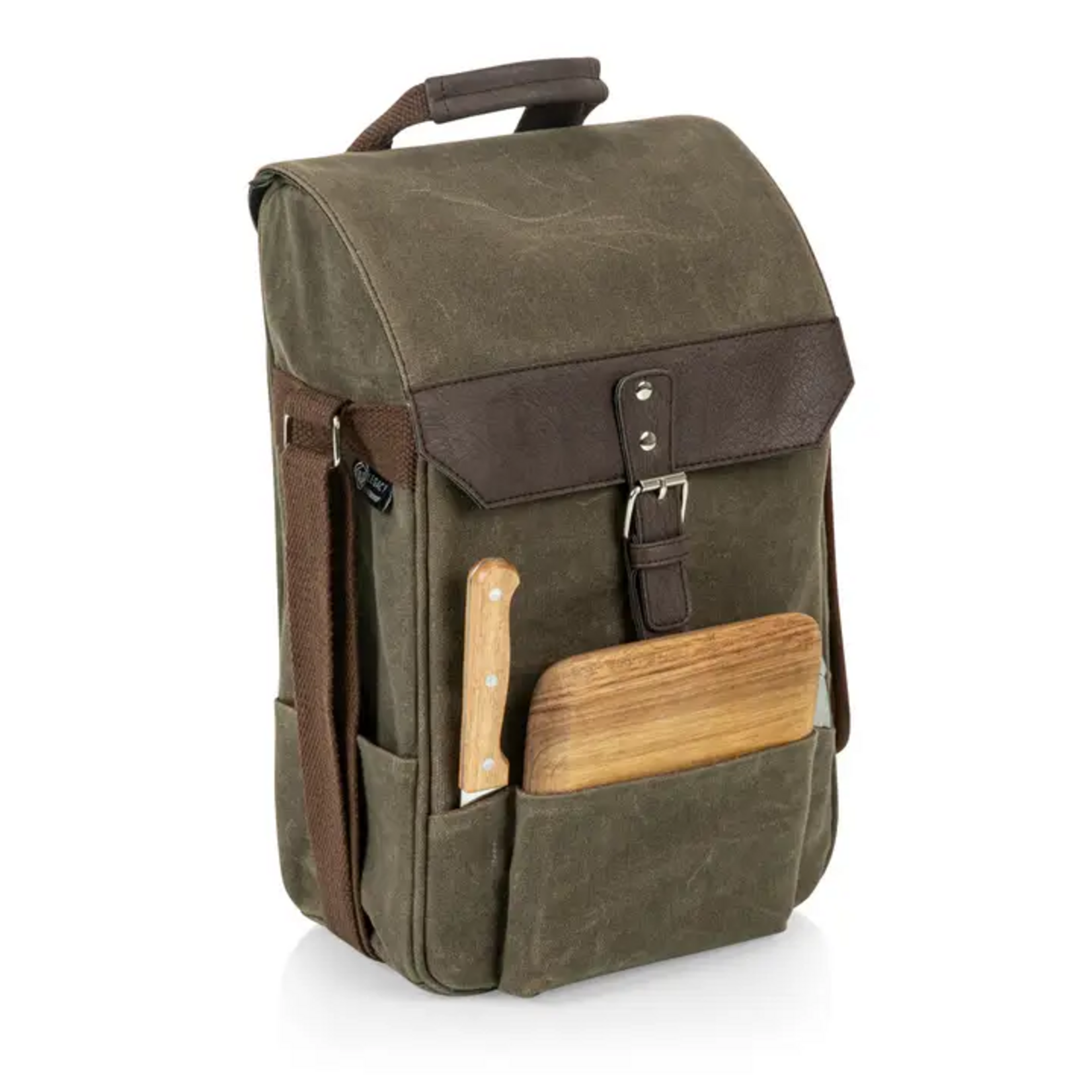 Picnic Time 2 Bottle Insulated Wine & Cheese Cooler w/ Cheese Kit - Khaki Green with Brown Accents