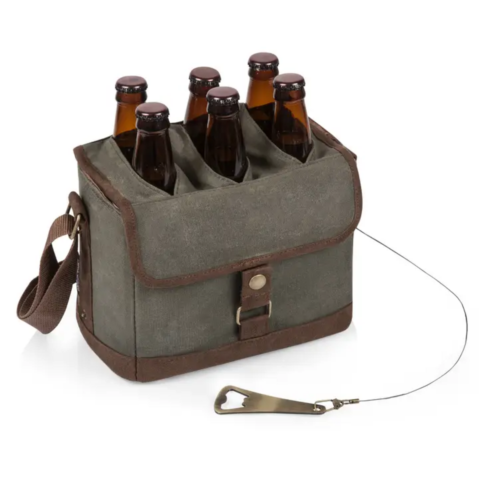 Picnic Time Craft Beer Caddy  Cooler Tote with Opener - Khaki Green with Brown Accents