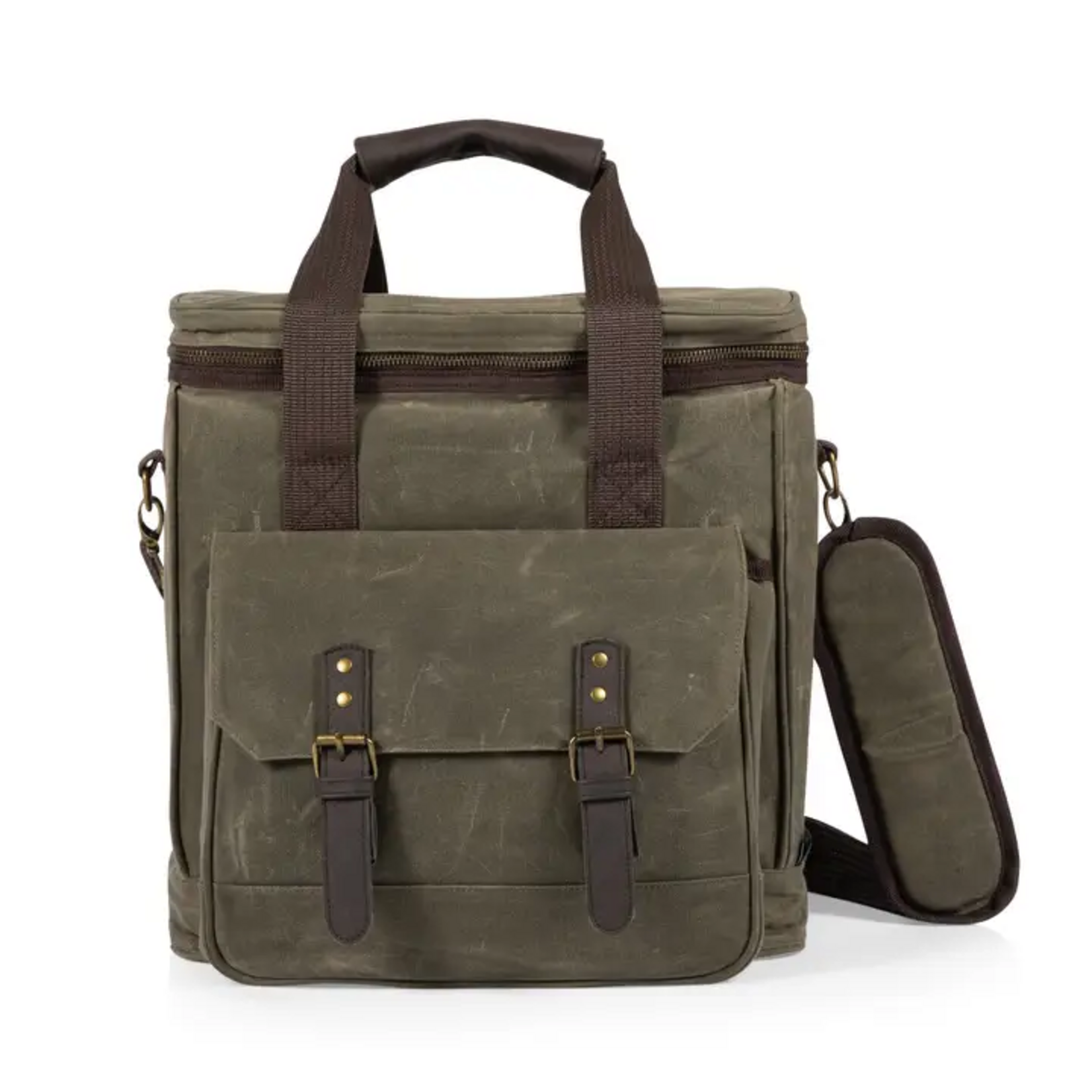 Picnic Time Weekender - 6 Bottle Insulated Wine Bag - Khaki Green with Brown Accents