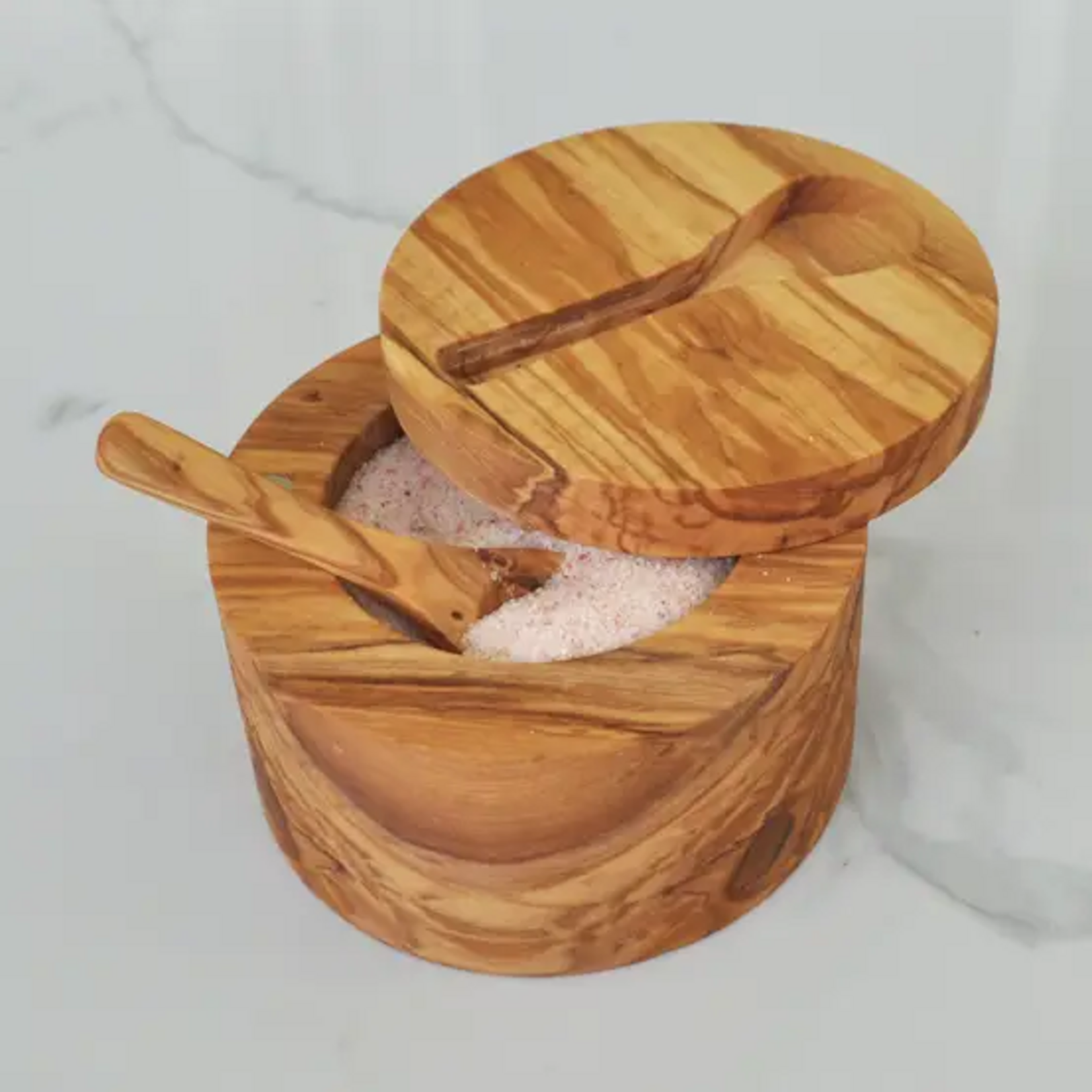 Naturally Med Olive Wood Salt Cellar with Magnetic Lid and Inset Spoon