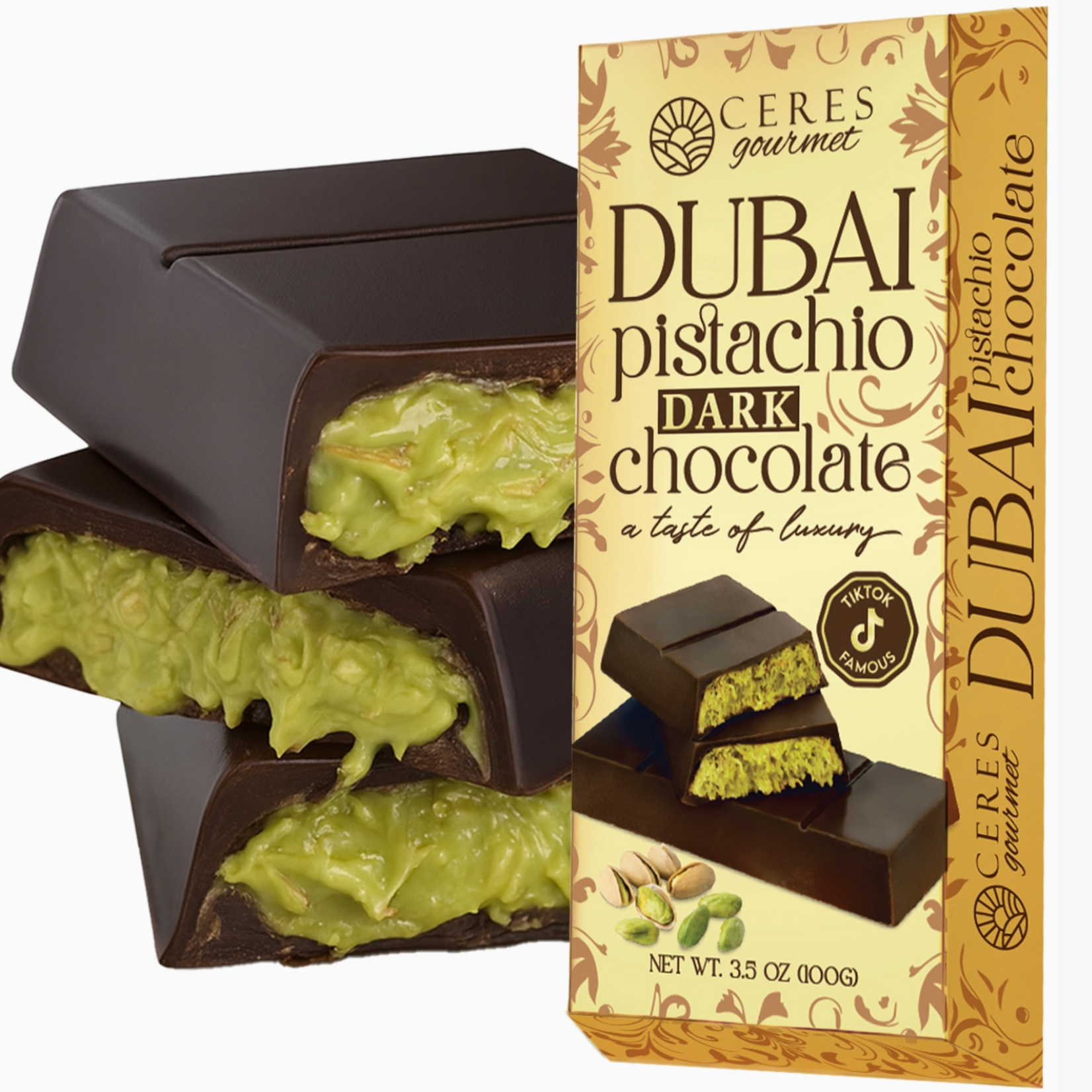 Ceres Gourmet Dark Dubai Chocolate Bar Pistachio 3.5 oz - Gift-Ready Pack