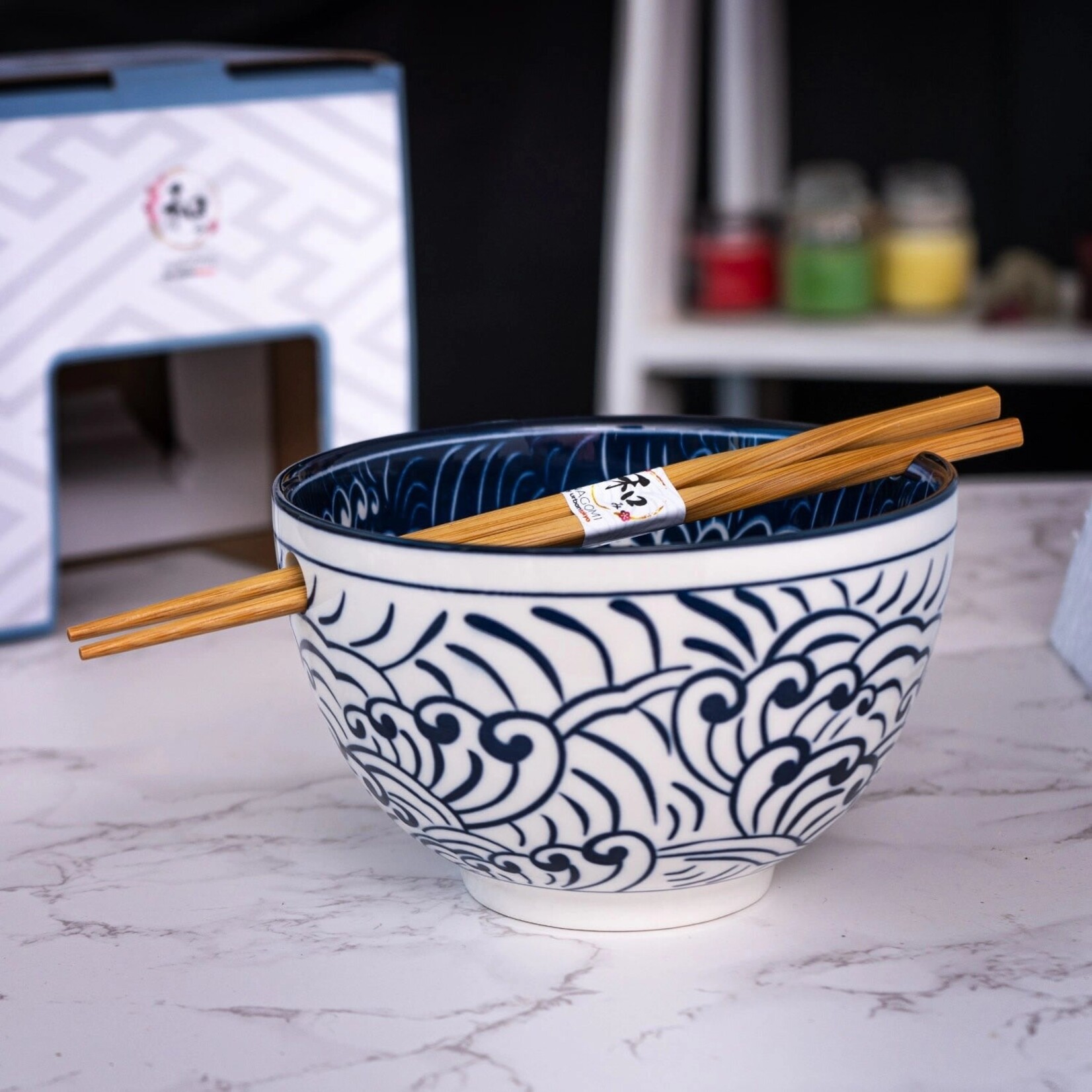 Urban Tokyo 20oz 6"Dx3.75"H Bowl With Chopsticks Nami Waves Design (1/24) | Urban Tokyo