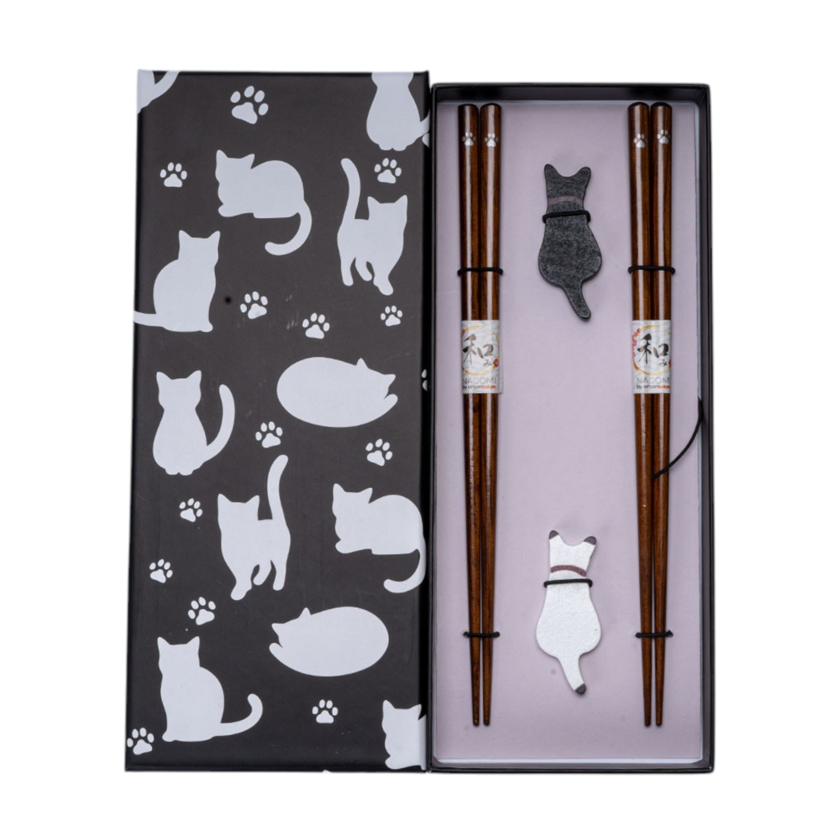 Urban Tokyo Black White Cat 2 Pair Wooden Chopsticks and Chopsticks Rests Gift Set (1/80) | Urban Tokyo