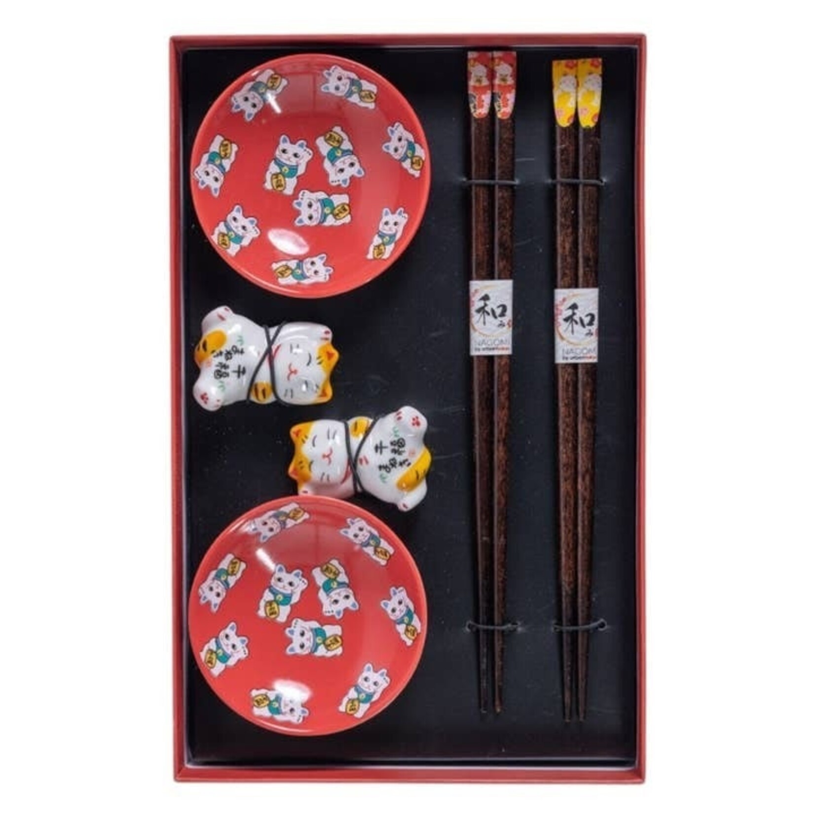 Urban Tokyo Lucky Cats 2 Pair Wooden Chopsticks and Small Dish Gift Set (1/36) | Urban Tokyo