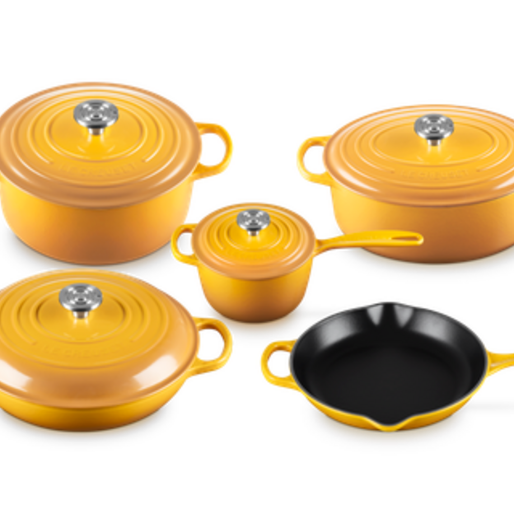 Le Creuset 9 Piece Signature Set, Nectar (5.5 qt, Sig. RDO, 6.75 qt. Sig. ODO, 3.5 qt. Sig. Braiser, 1.75 qt. Sig. Saucepan, 10.25" Skillet) | Le Creuset