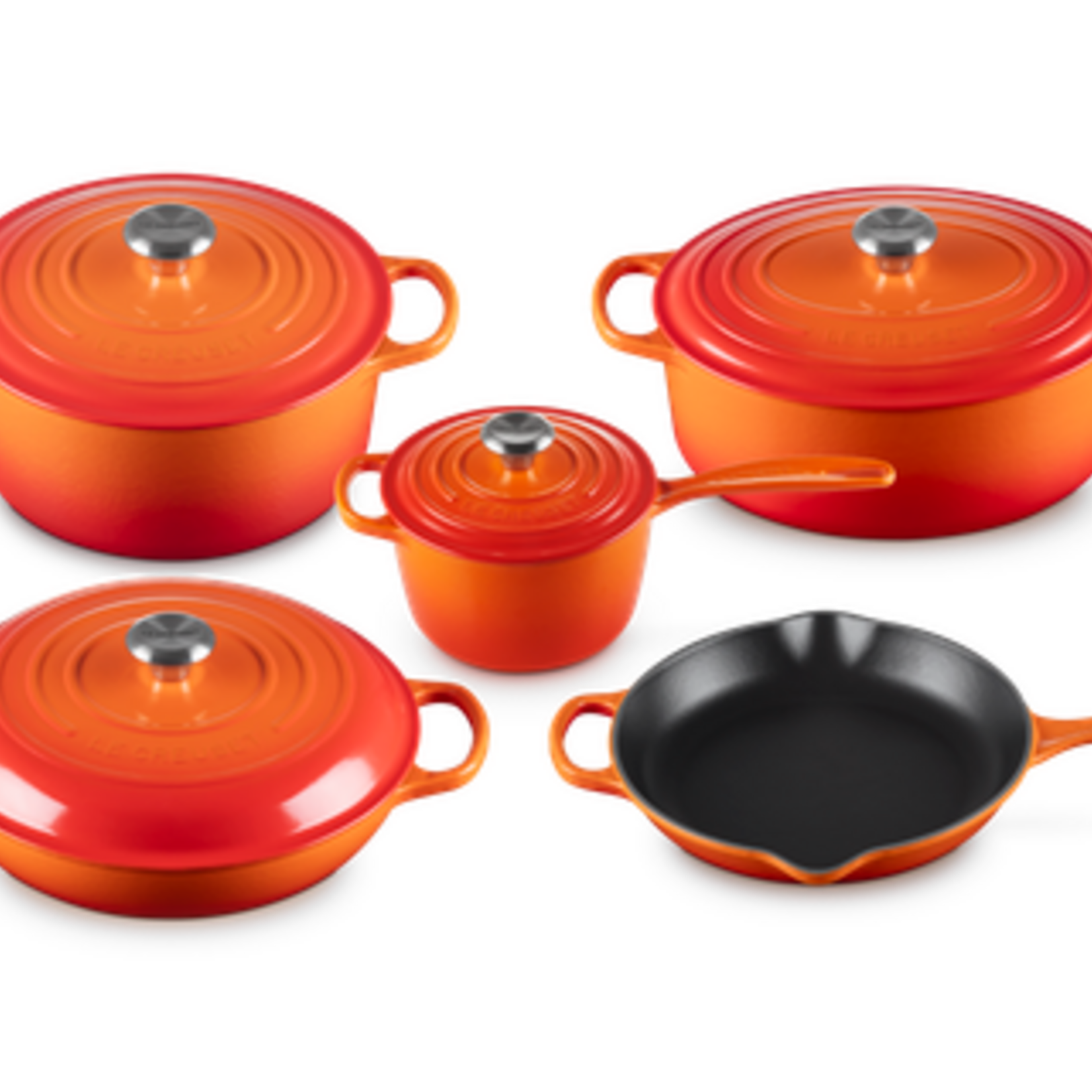 Le Creuset 9 Piece Signature Set, Flame (5.5 qt, Sig. RDO, 6.75 qt. Sig. ODO, 3.5 qt. Sig. Braiser, 1.75 qt. Sig. Saucepan, 10.25" Skillet) | Le Creuset