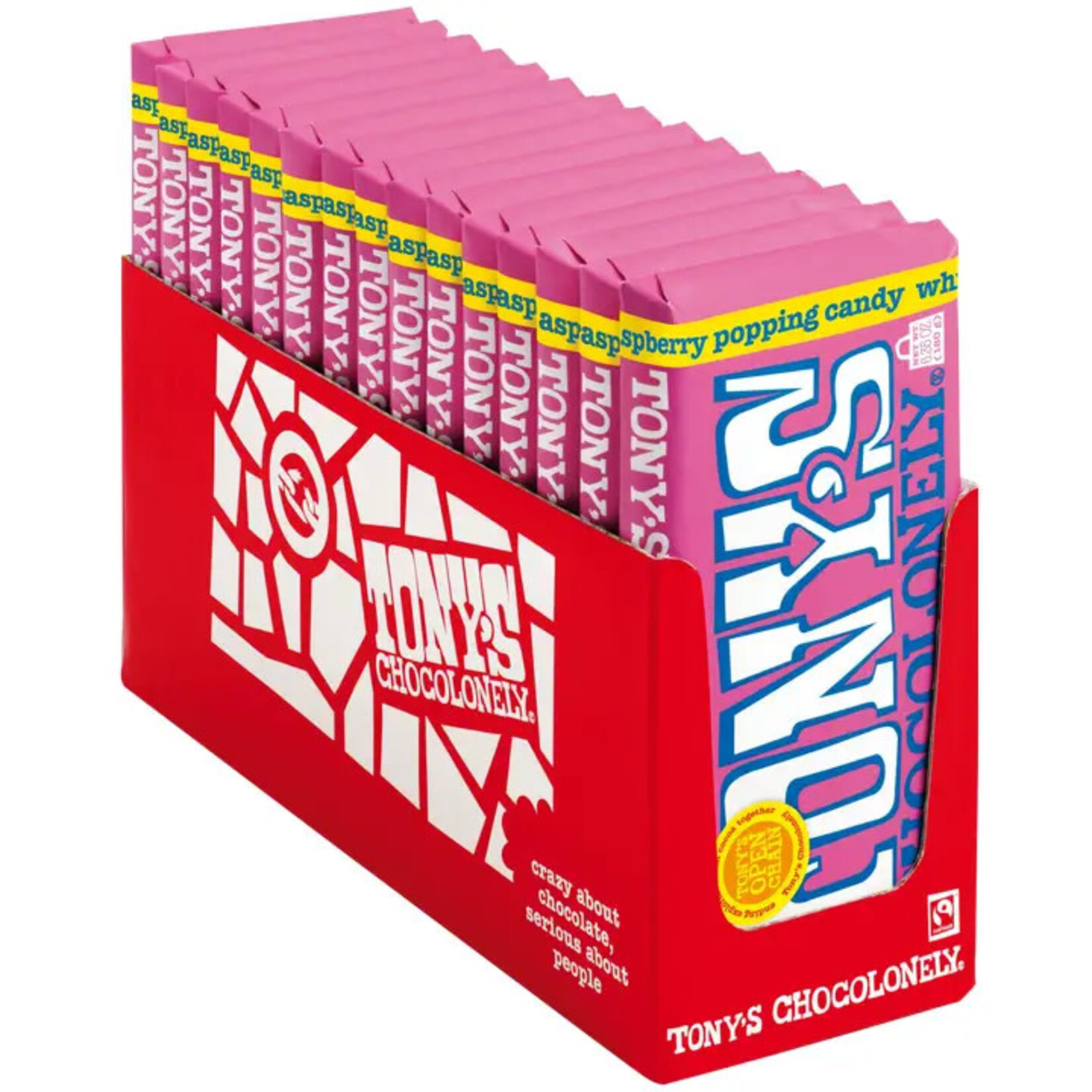 Tony's Chocolonely white raspberry popping candy 28% - Large Bar