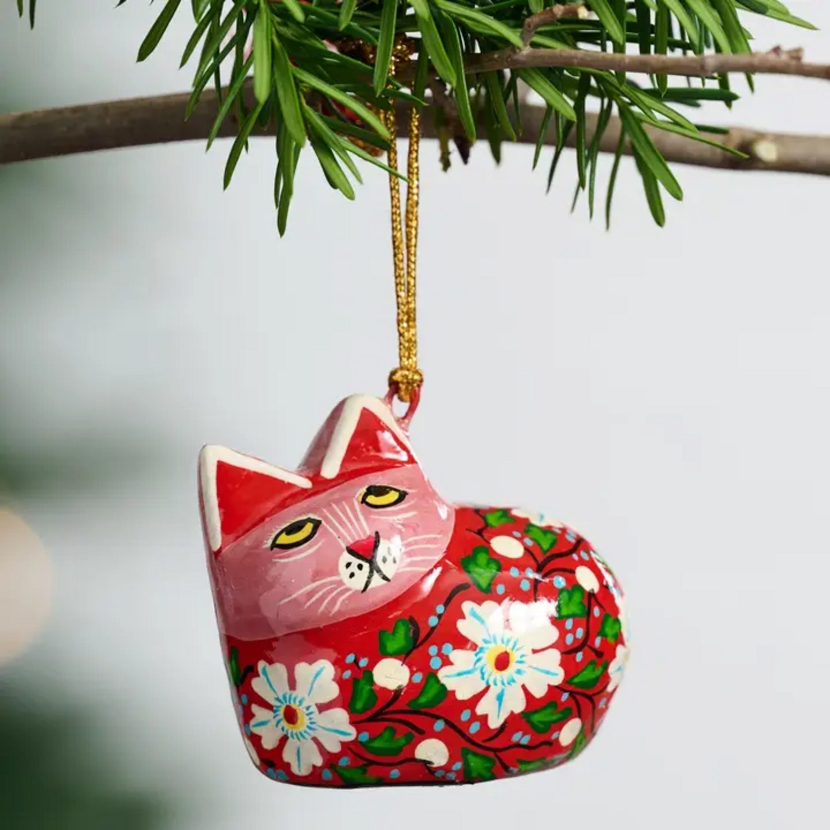 Ten Thousand Villages Painted Floral Cat Paper Mache Ornament