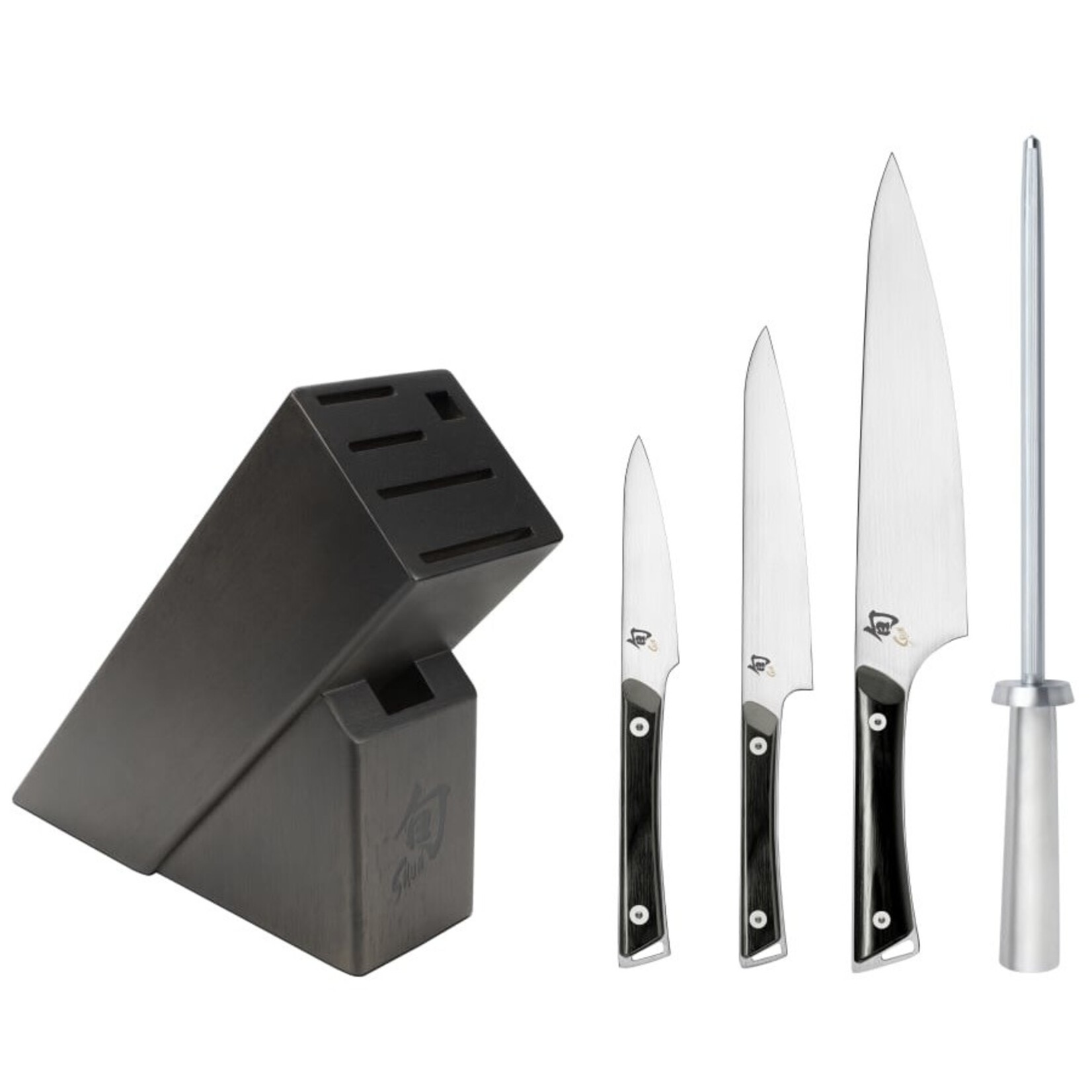 Shun Kazahana 5 Pc Starter Block Set: Paring 3.5", Utility 6", Chef's 8", SS Combination Honing Steel and 6-Slot Slimline Block (DM0845)