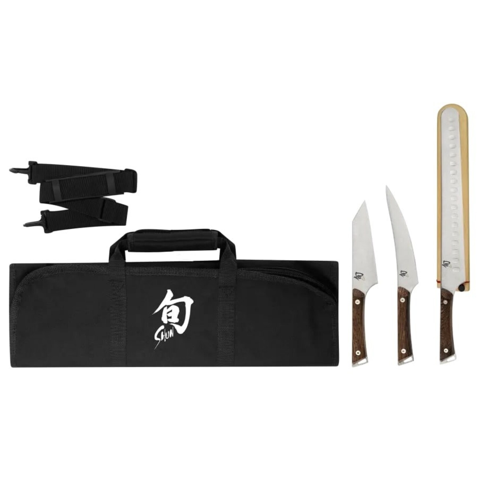 Shun Kanso 4 Pc BBQ Set: Asian Multi-Prep 5", Boning/Fillet 6.5", HG Brisket 12" w/ Saya, Shun 8-Slot Knife Roll (DM0880).
