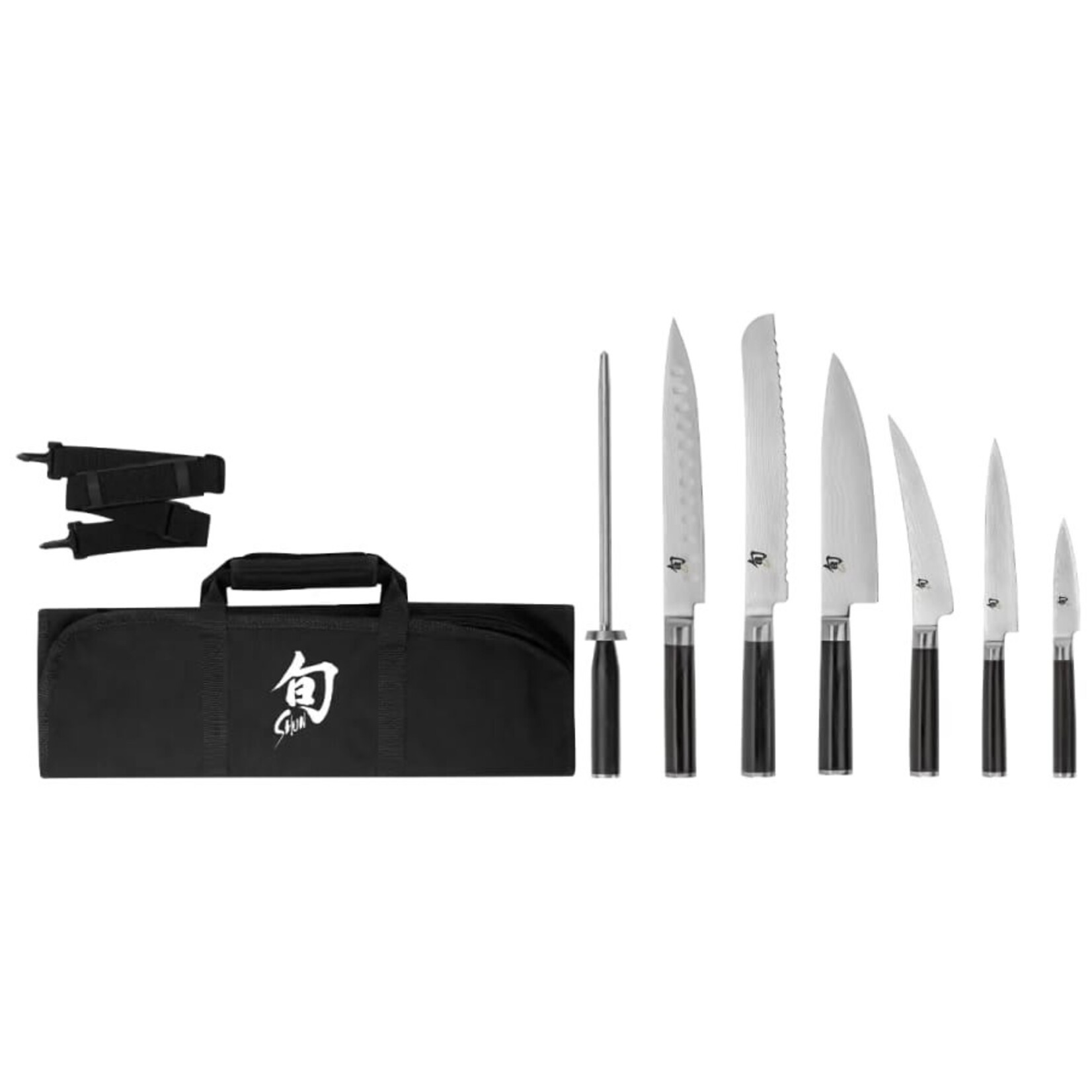 Shun Classic 8 Pc Student Set: Paring 3.5", Utility 6", Chef's 8", Bread 9", H.G. Slicing 9", Boning/Fillet 6", Combination Honing Steel and Shun Knife Roll 8-Slot (DM0880).