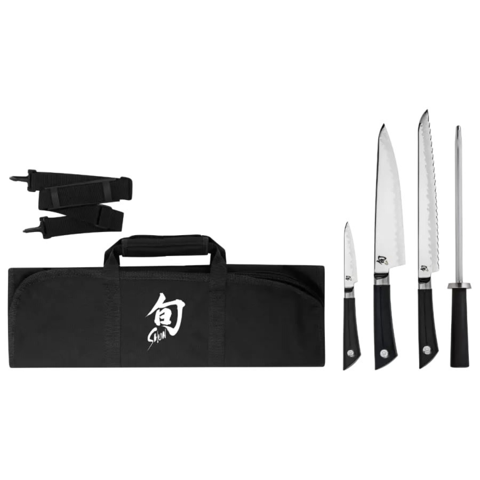 Shun Sora 5 Pc Student Set: Paring 3.5", Chef's 8", Bread 9", Combination Honing Steel, 8-slot Knife Roll (DM0880).