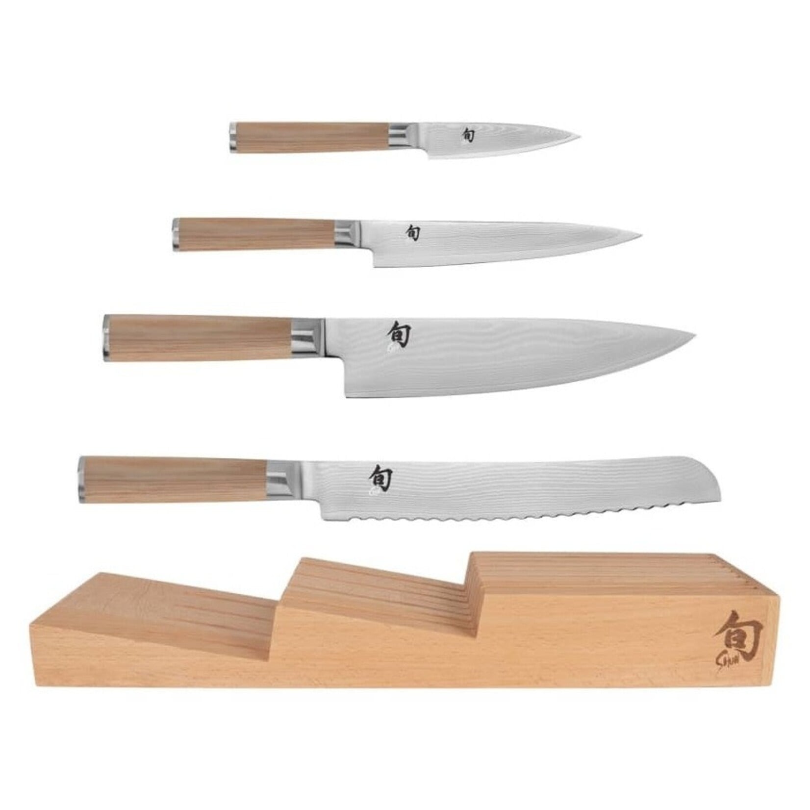 Shun Classic Blonde 5 Pc In-Drawer Set: Paring 3.5", Utility 6", Chef's 8", Bread 9"and 7-Slot In-Drawer Tray.