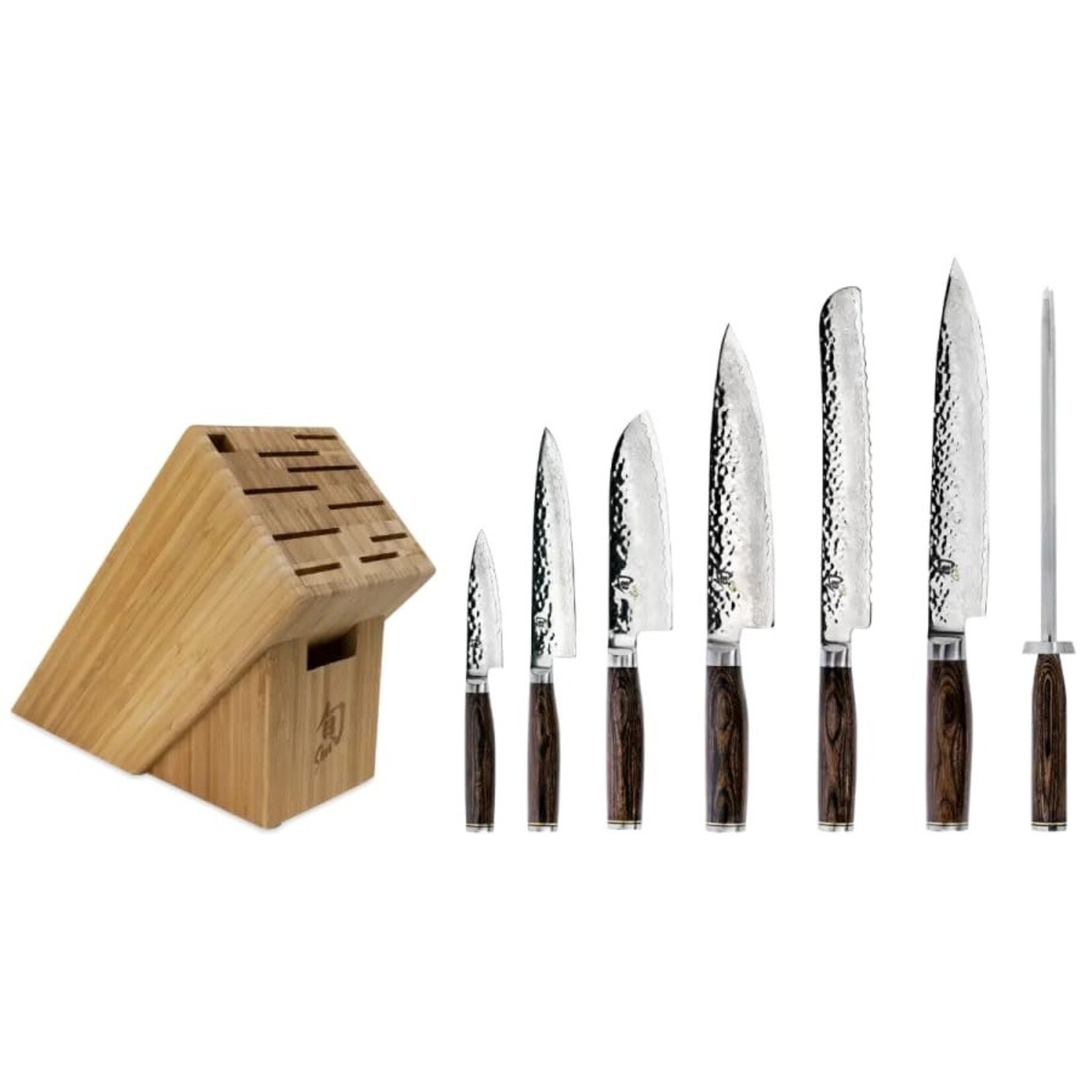 Shun Premier 8 Pc Professional Block Set: Paring 4", Santoku 5.5", Utility 6.5", Chef's 8", Bread 9", Slicing 9.5", Combination Honing Steel and 11-Slot Bamboo Block.