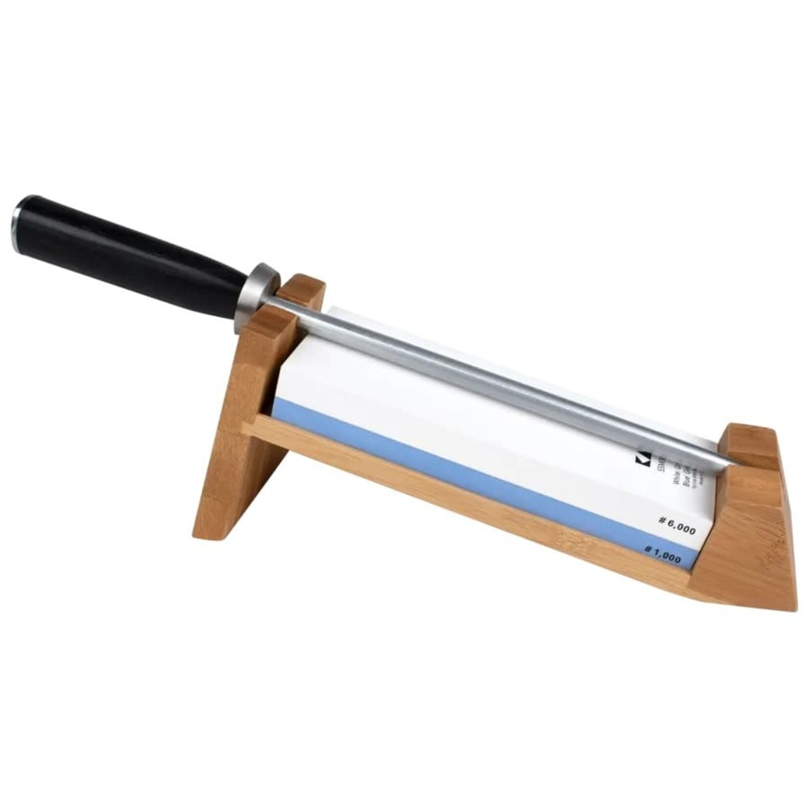 Shun 3 Pc Whetstone Sharpening System w/ Honing Steel: Combination 1000/6000 Whetstone, Classic Combination Honing Steel, and 16˚ Angled Bamboo Stand.
