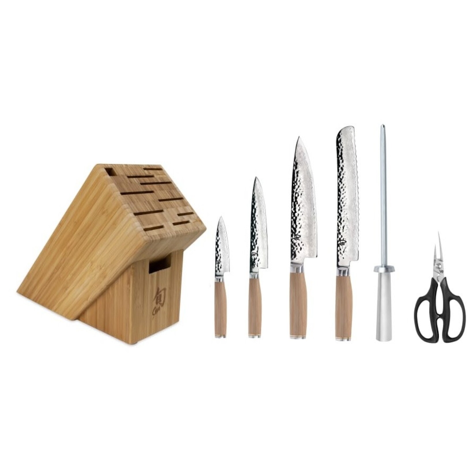 Shun Premier Blonde 7 Pc Essential Block Set: Paring 4", Utility 6.5", Chef's 8", Bread 9", Satin Steel Combination Honing Steel, Herb Shears and 11-Slot Bamboo Block.