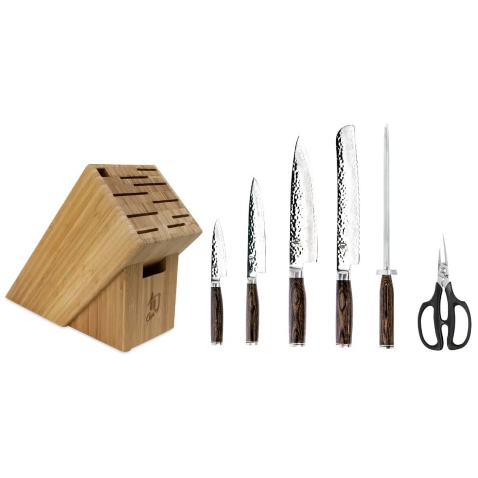 Shun Premier 7 Pc Essential Block Set: Paring 4", Utility 6.5", Chef's 8", Bread 9", Combination Honing Steel, Herb Shears and 11-Slot Bamboo Block.