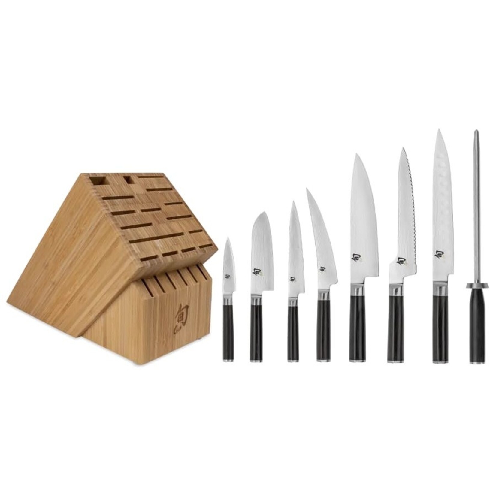 Shun Classic 9 Pc Chef's Choice Block Set: Paring 3.5", Santoku 5.5", Utility 6", Boning/Fillet 6", Chef's 8", Offset Bread 8.25", H.G. Slicing 9", Combination Honing Steel and 22-Slot Bamboo Block.