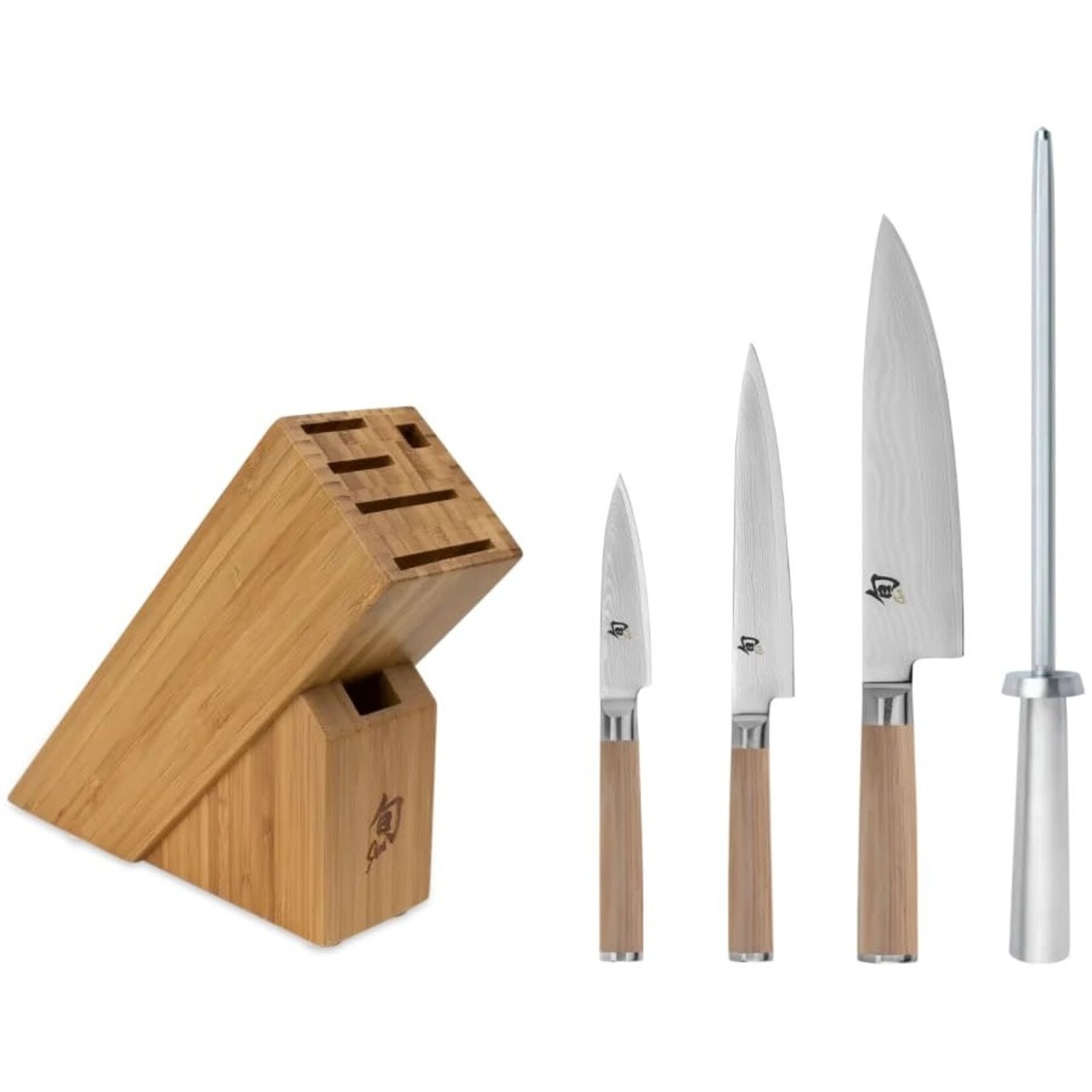 Shun Classic Blonde 5 Pc Starter Block Set: Paring 3.5", Utility 6", Chef's 8", Satin Steel Honing Steel and 6-Slot Slimline Bamboo Block (DM0845).