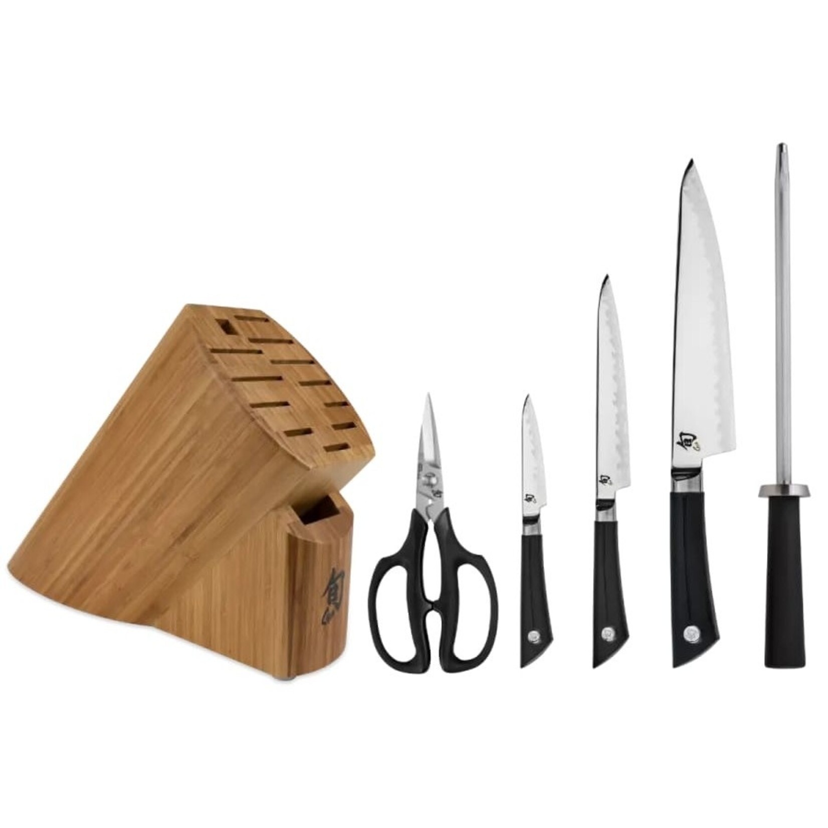 Shun Sora 6 Pc Basic Block Set: Paring 3.5", Utility 6", Chef's 8", Combination Honing Steel 9", Herb Shears and 13-Slot Bamboo Block.