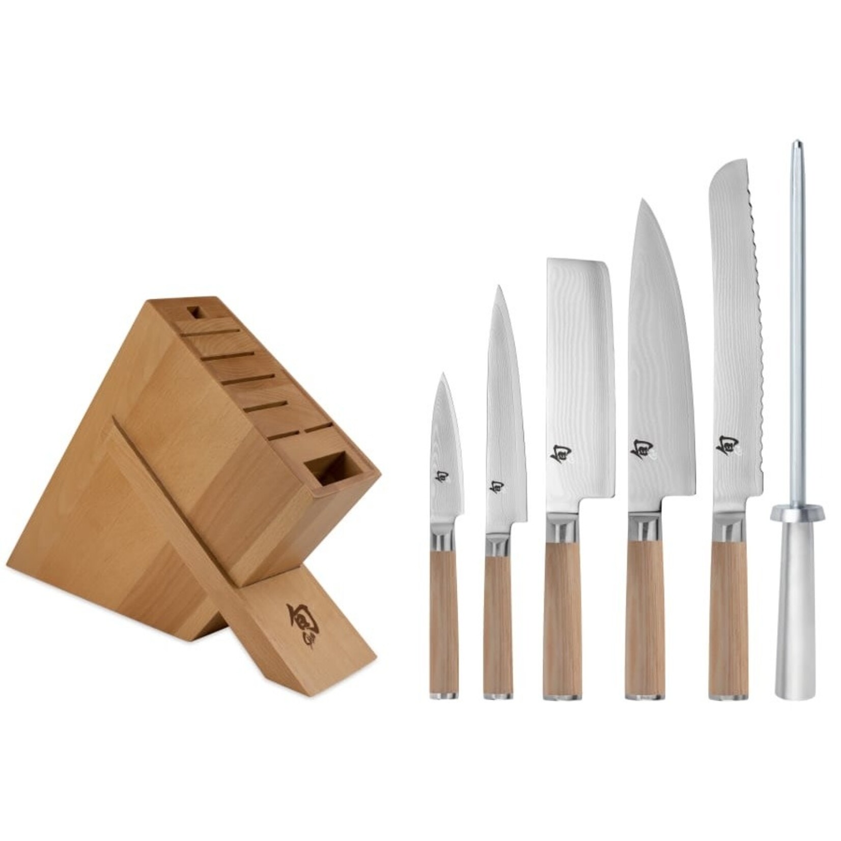 Shun Classic Blonde 7 Pc Block Set: Paring 3.5", Utility 6", Nakiri 6.5", Chef's 8", Bread 9", Satin Steel Honing Steel and 8-Slot Birchwood Kickstand Block (DM0838).
