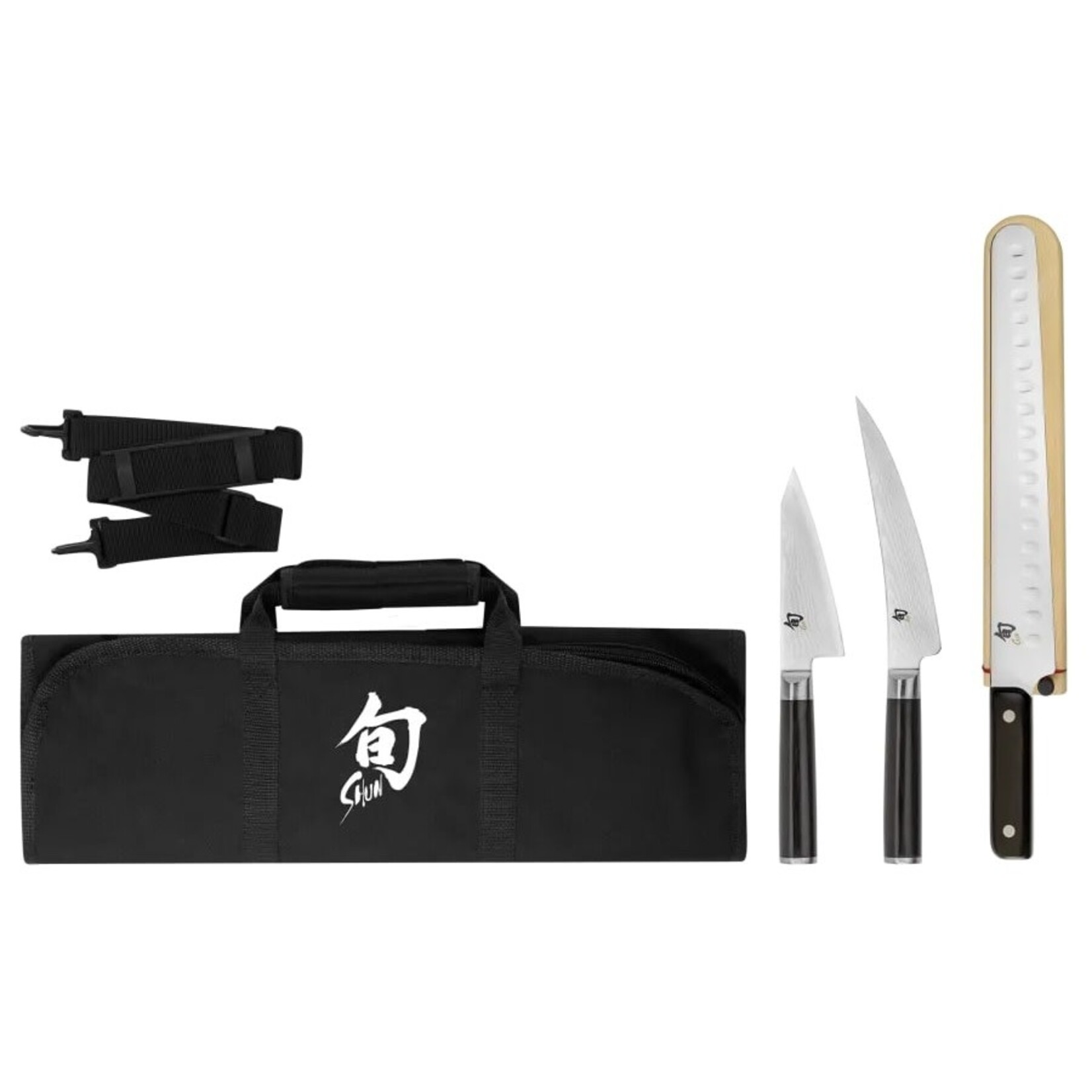 Shun Classic 4 Pc BBQ Set: Asian Multi-Prep 4.5", Boning/Fillet 6", HG Brisket 12" w/ Saya, Shun 8-Slot Knife Roll (DM0880).