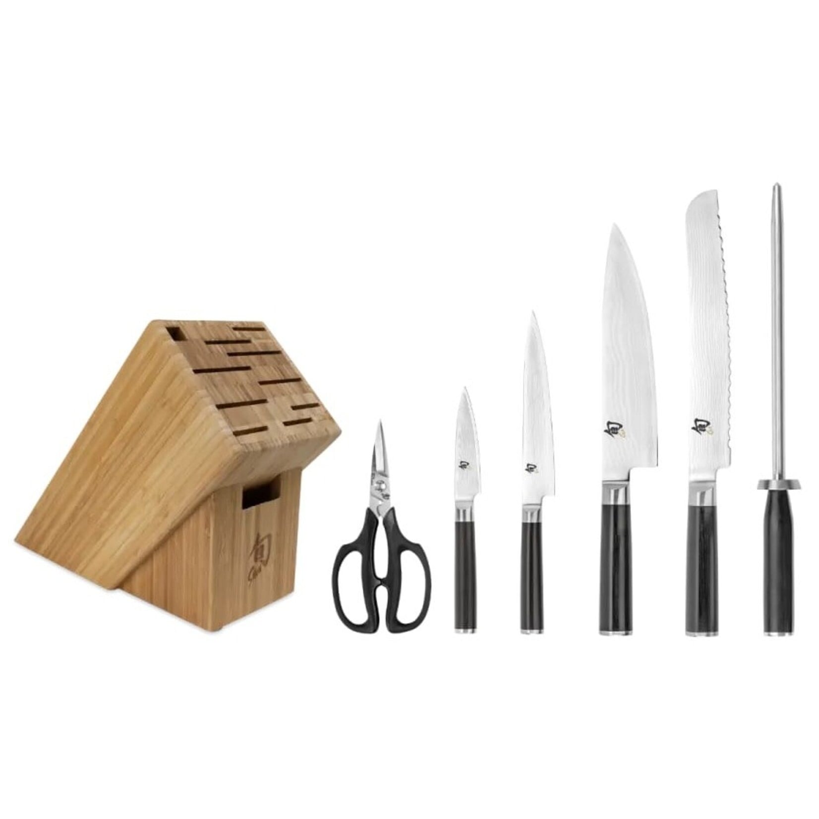 Shun Classic 7 Pc Essential Block Set: Paring 3.5", Utility 6", Chef 8", Bread 9", Combination Honing Steel, Herb Shears and 11-Slot Bamboo Block.