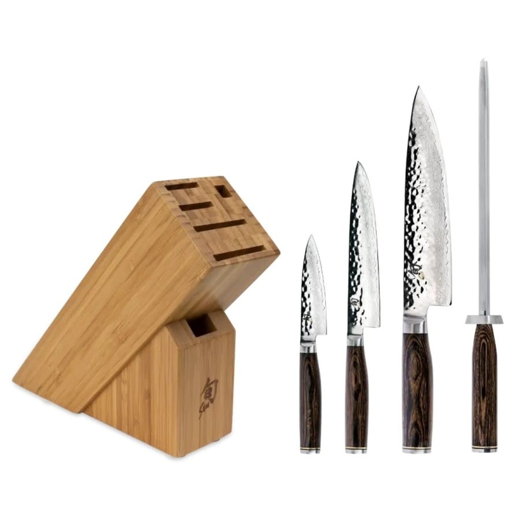 Shun Premier 5 Pc Starter Block Set: Paring 4", Utility 6.5", Chef's 8", Combination Honing Steel and 6-Slot Slimline Block (DM0845).