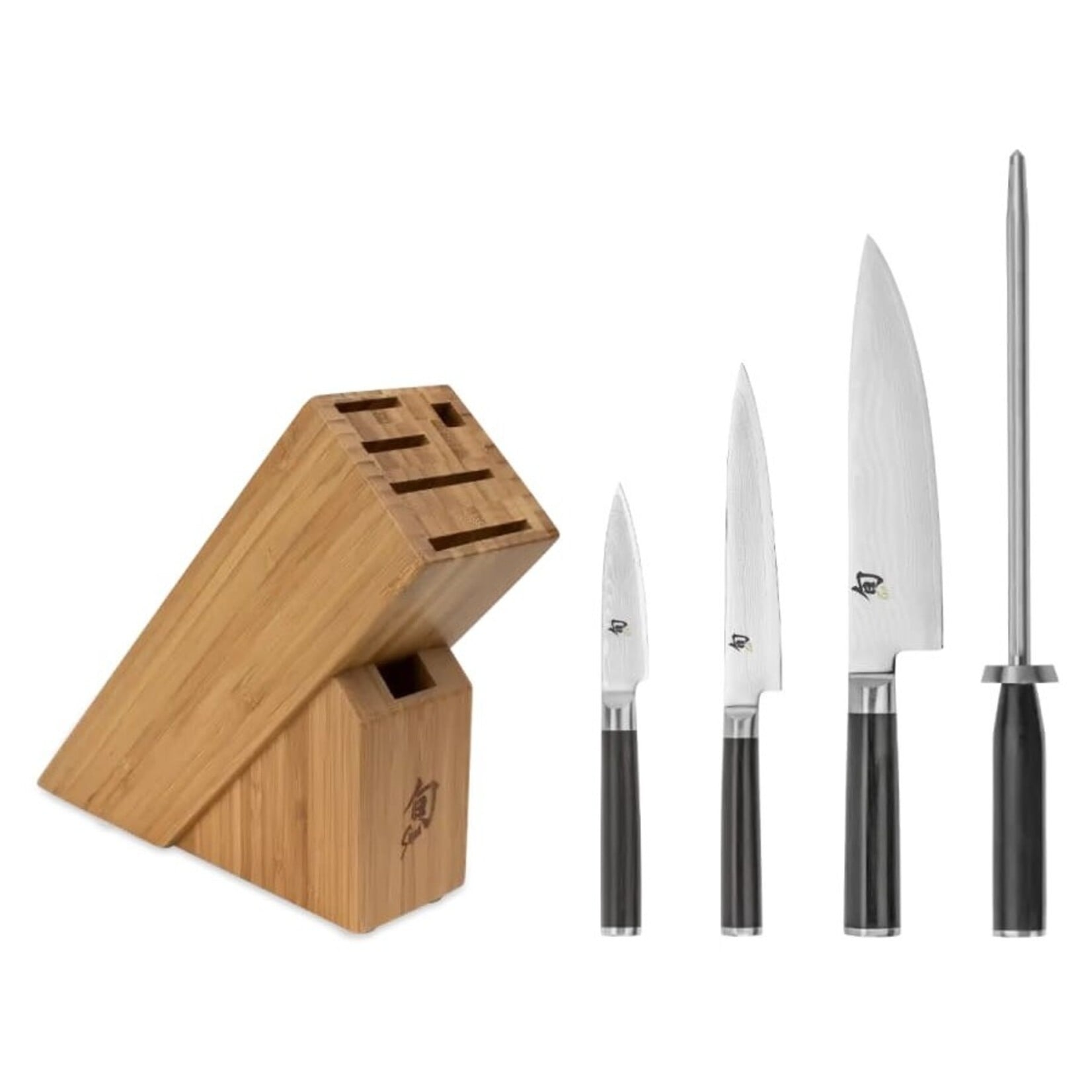 Shun Classic 5 Pc Starter Block Set: Paring 3.5", Utility 6", Chef's 8", Combination Honing Steel and 6-Slot Slimline Block (DM0845).