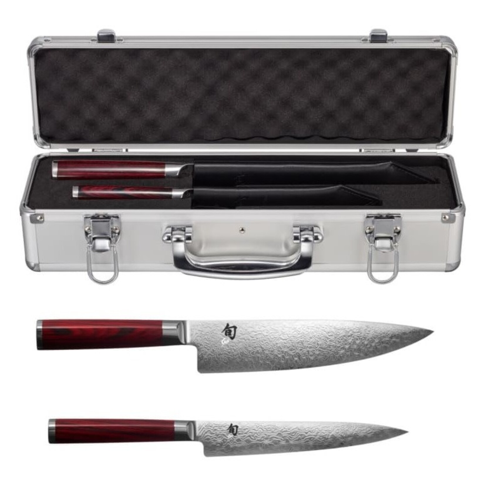 Shun Kohen Anniversary 2 Pc Set:Utility 6" w/Leather Sheath, Chef's 8" w/Leather Sheath, Foam-lined metal case with handle
