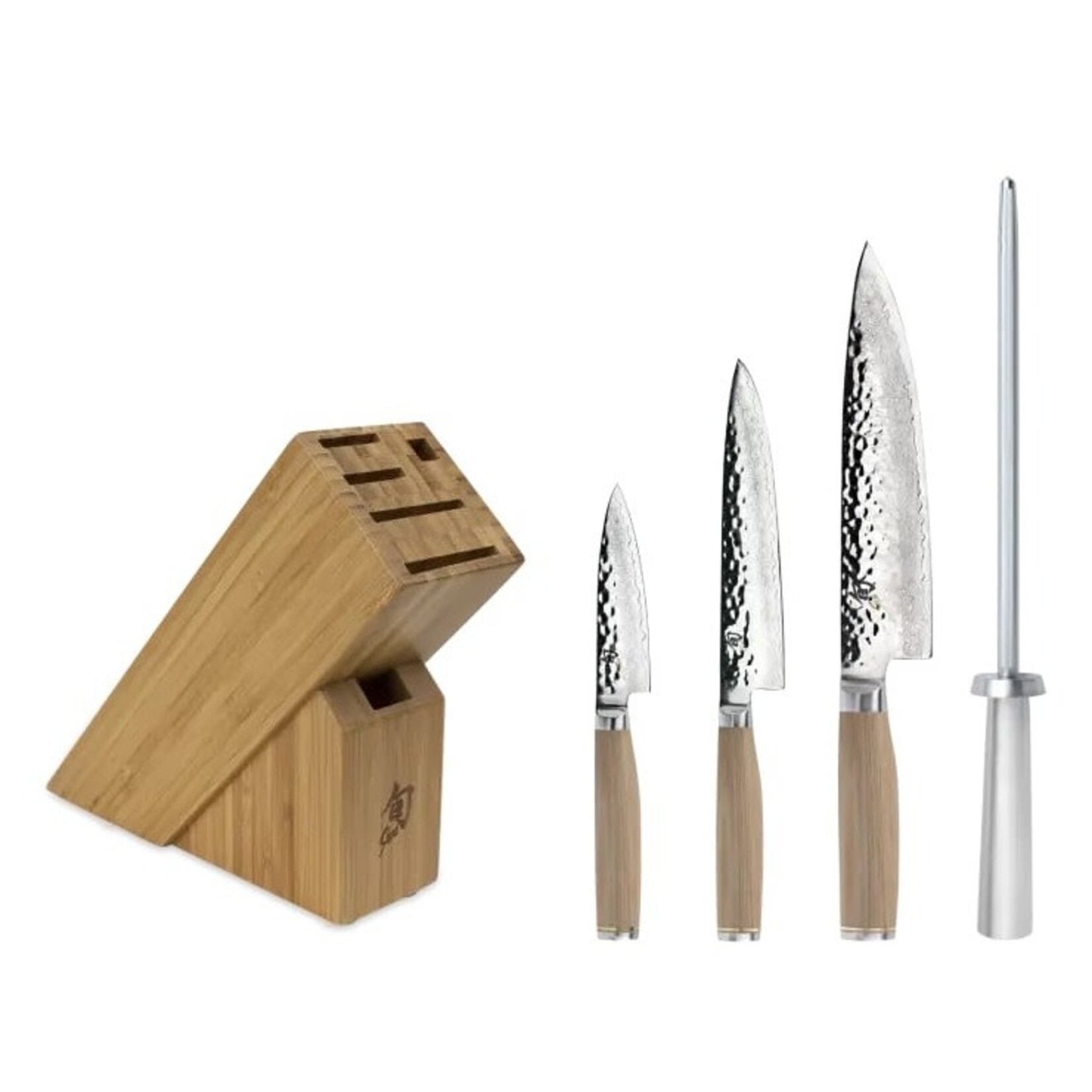 Shun Premier Blonde 5 Pc Starter Set: Paring 4", Utility 6.5", Chef's 8", Satin Steel Combination Honing Steel, 6-Slot Slimline Block (DM0845)