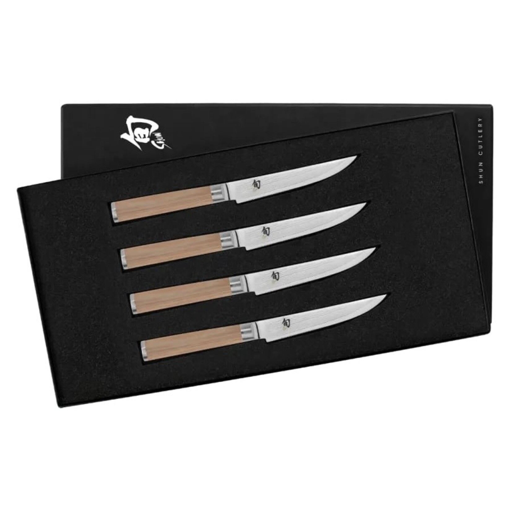 Shun Classic Blonde 4 Pc Steak Knife Set: Four Steak Knives (DM0711W) in a boxed set.
