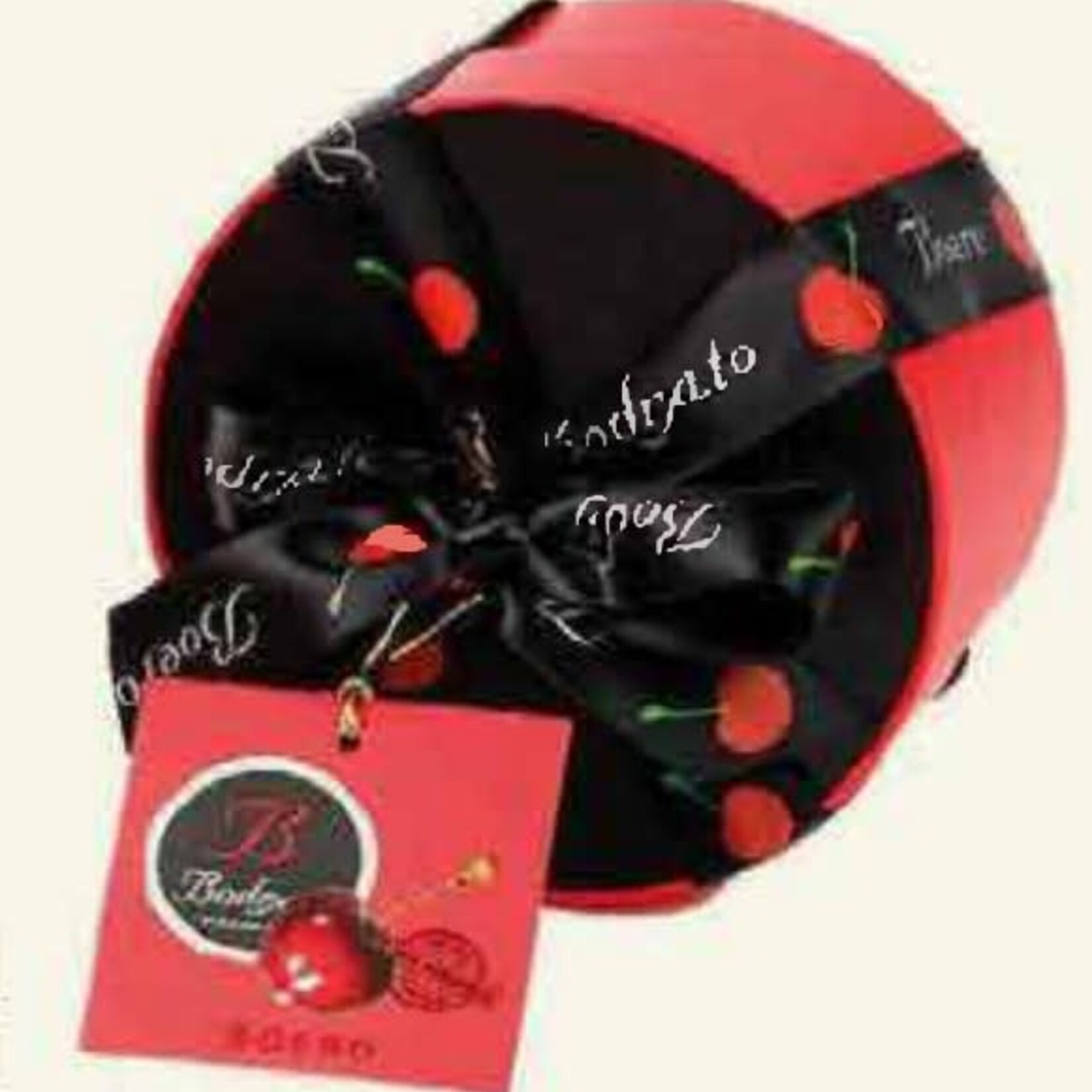 Great Ciao Dark Chocolate Grappa Dipped Pitted Boeri Cherries, in hat box. Contain 1.8% alcohol