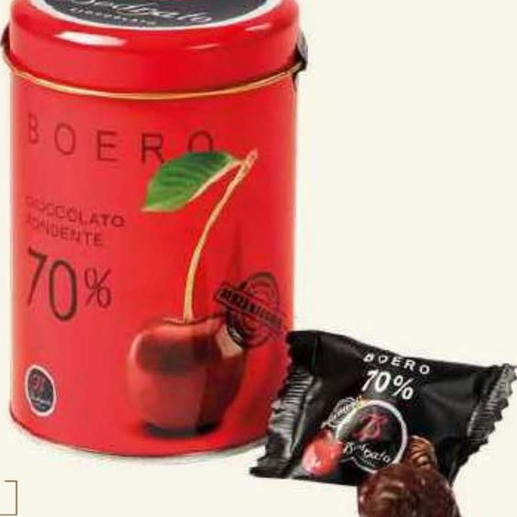 Great Ciao Dark Chocolate (70%) Grappa Dipped Pitted Boeri Cherries, in tin. Contain 1.8% alcohol