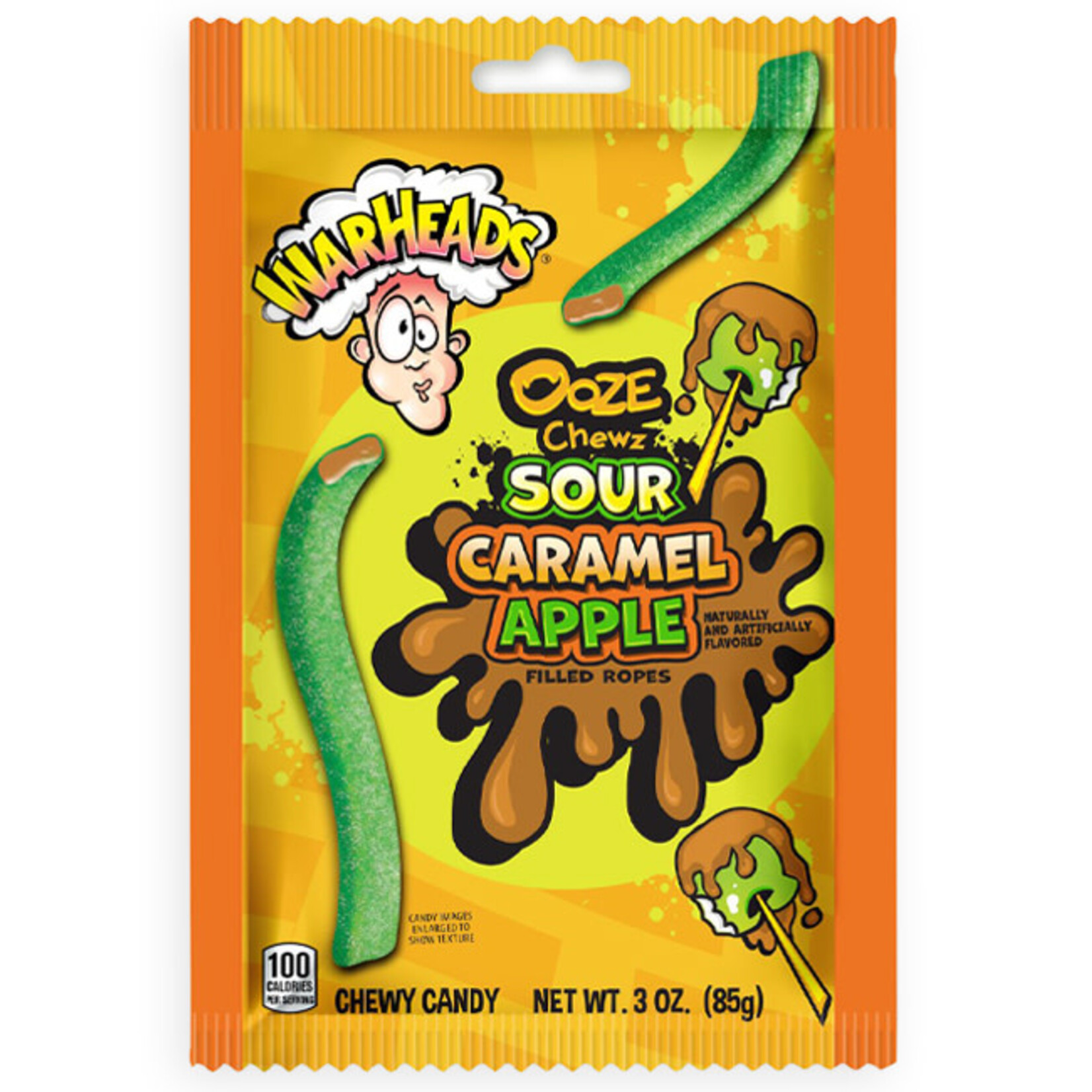 WARHEADS OOZE CHEWZ SOUR CARAMEL APPLE FILLED ROPES PEG BAG