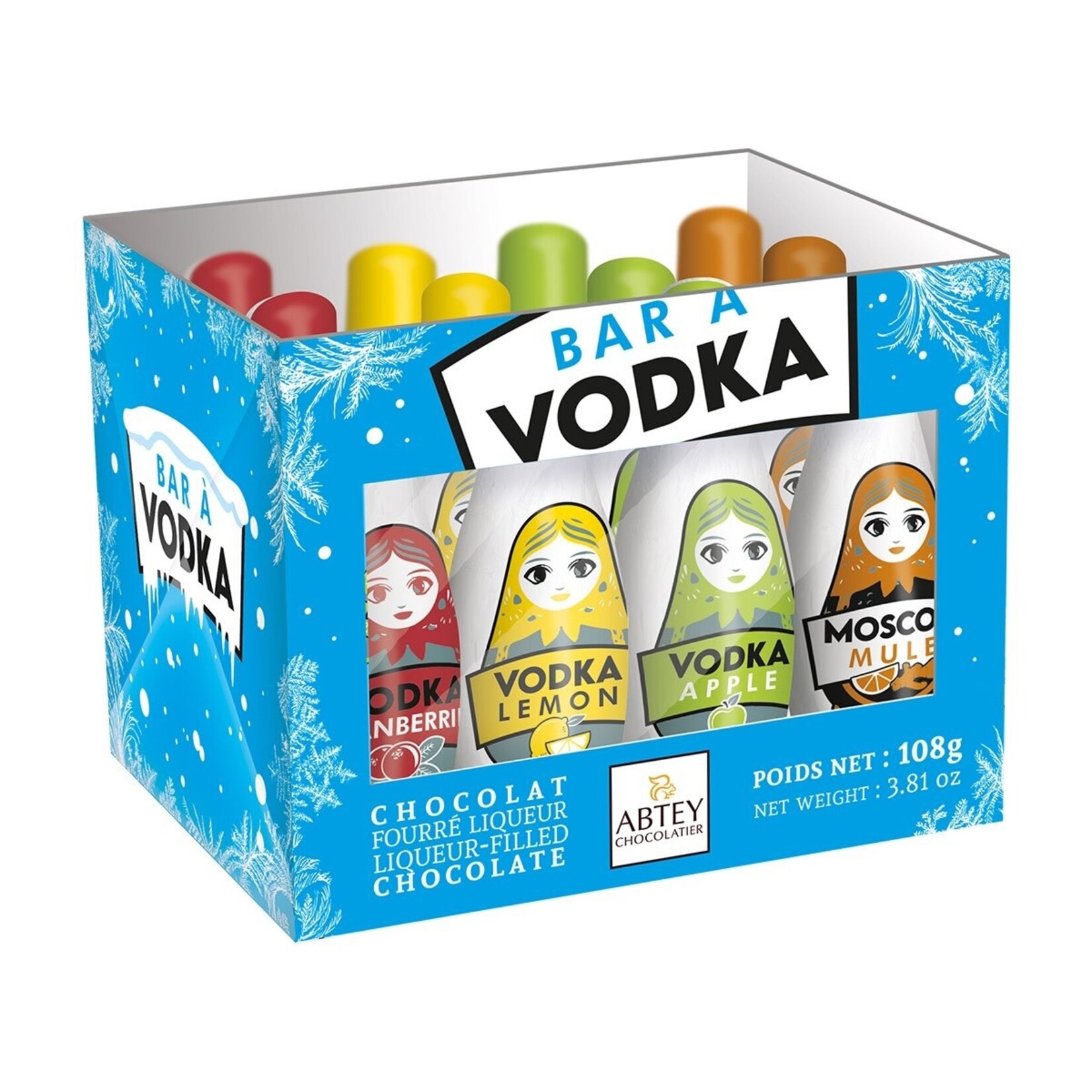 Abtey "Bar À Vodka" Chocolate Vodka Filled Bottles (Cranberry, Lemon, Apple, Moscow Mule) Cardboard Crate