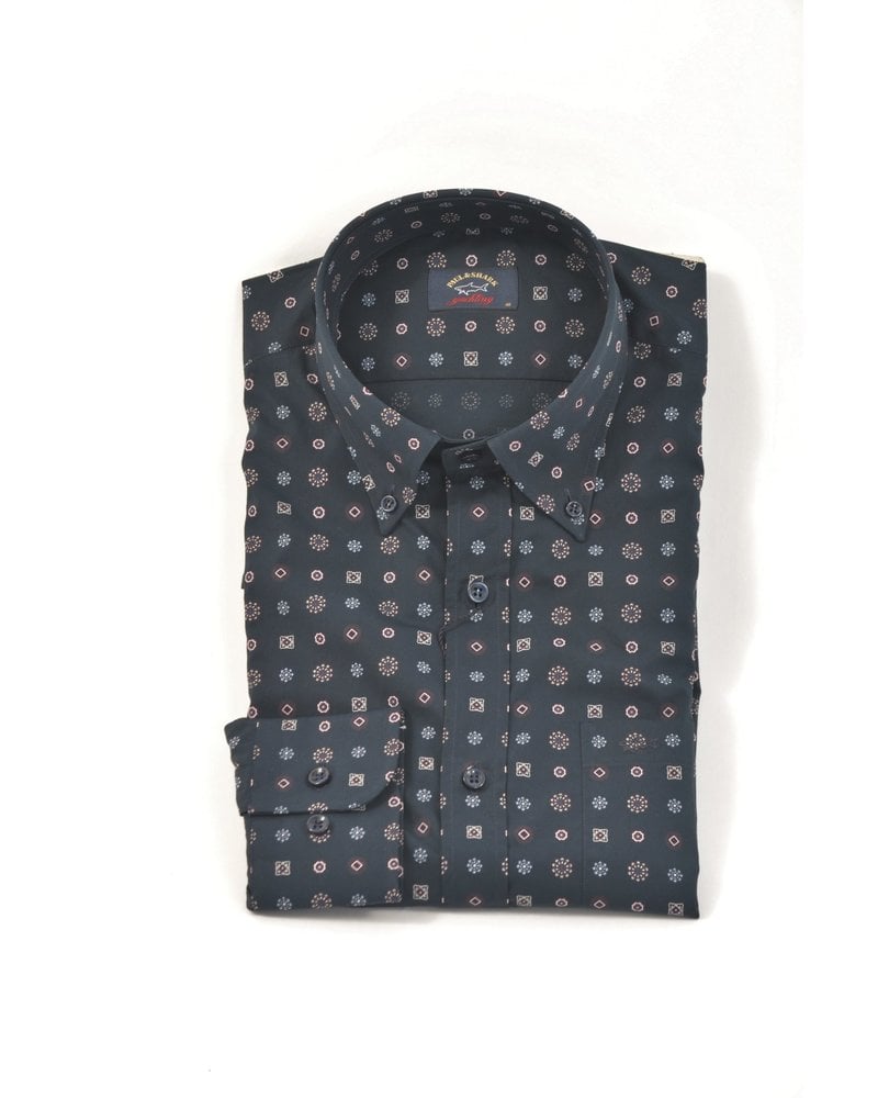 PAUL & SHARK Classic Fit Navy Geometric Print Shirt
